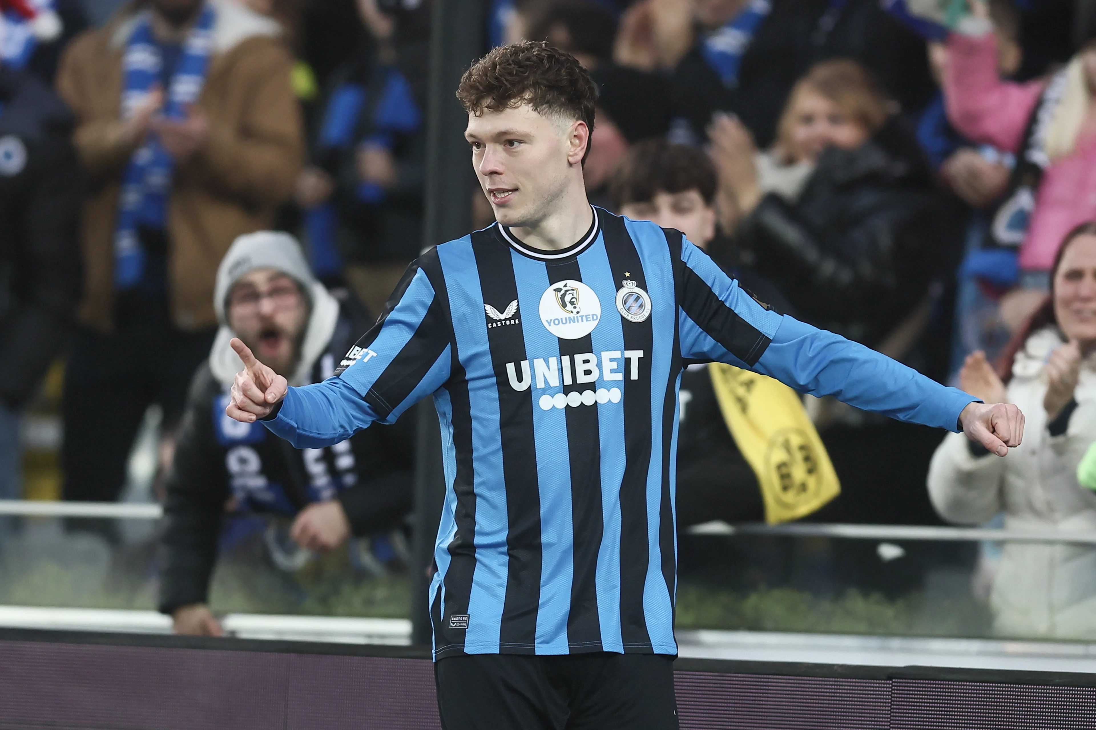 Club's Andreas Skov Olsen celebrates after scoring during a soccer match between Club Brugge KV and KVC Westerlo, Thursday 26 December 2024 in Brugge, on day 20 of the 2024-2025 season of the 'Jupiler Pro League' first division of the Belgian championship. The competition was re-baptised 'Younited Pro League' for the games of matchweek 20, to shine a light on the Younited Belgium charity. BELGA PHOTO BRUNO FAHY