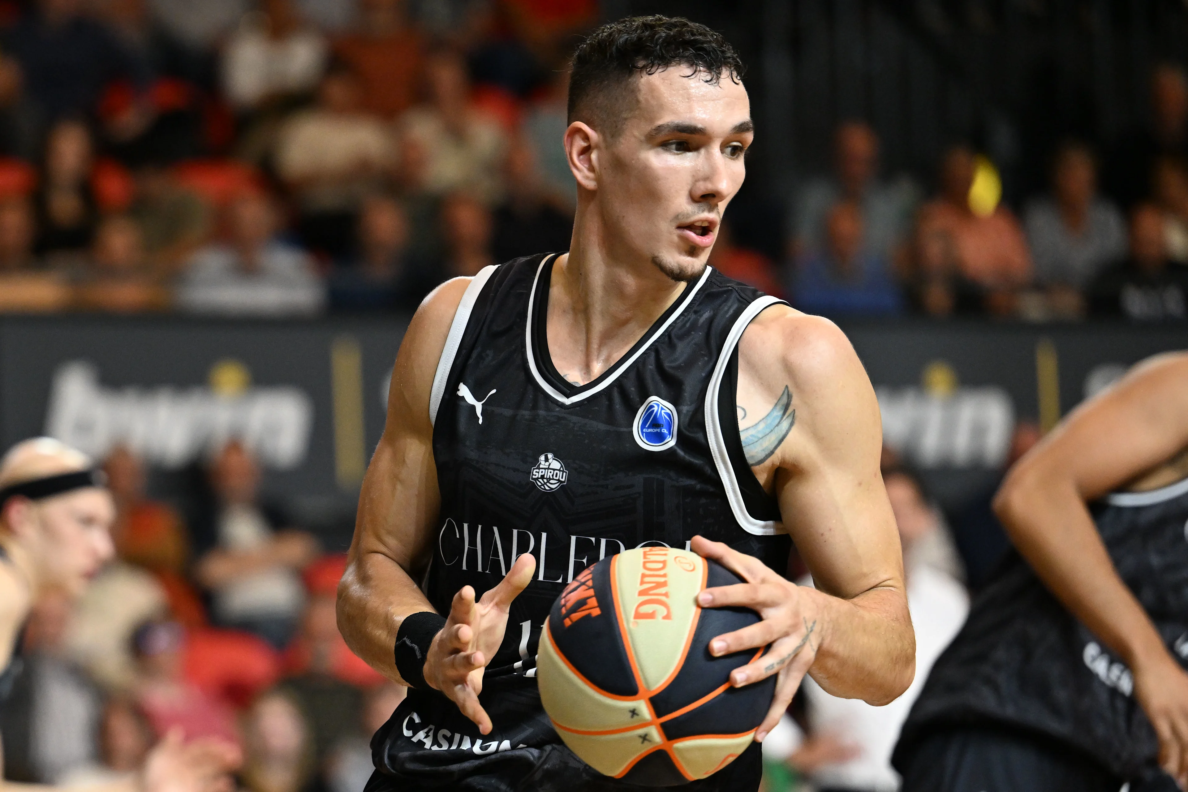 Spirou's Yordan Minchev pictured in action during a basketball match between BC Oostende and Spirou Charleroi, Saturday 14 September 2024 in Oostende, on day 1 of the 'BNXT League' Belgian/ Dutch first division basket championship. BELGA PHOTO MAARTEN STRAETEMANS