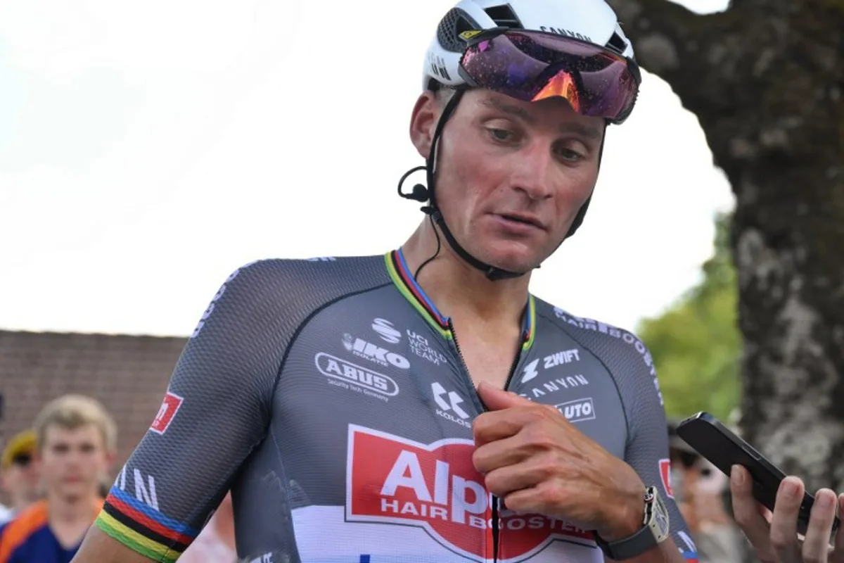 Alpecin - Deceuninck team's Dutch rider Mathieu van der Poel looks on after the 9th stage of the 112th edition of the Tour de France cycling race, 174.1 km between Chinon and Chateauroux, central France, on July 13, 2025. Marco BERTORELLO / POOL / AFP