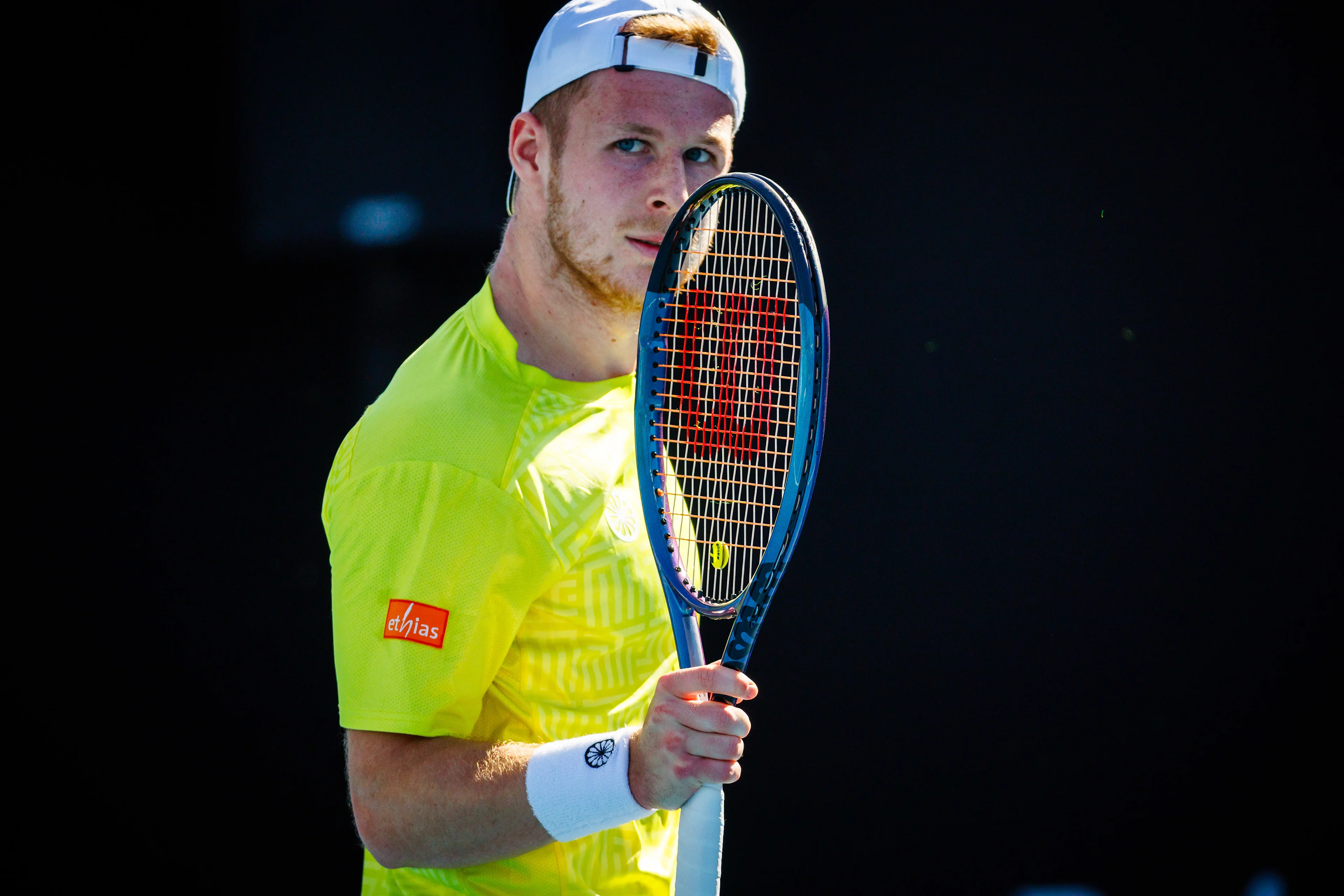 Belgian Gauthier Onclin reacts during a tennis match against US Kovacevic in the first round of the qualifiers for the men's singles tournament of the 'Australian Open' Grand Slam tennis tournament, Wednesday 10 January 2024 in Melbourne Park, Melbourne, Australia. The 2024 edition of the Australian Grand Slam takes place from January 14th to January 28th. BELGA PHOTO PATRICK HAMILTON