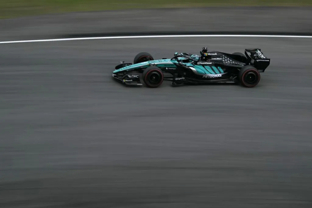 Mercedes' Italian driver Kimi Antonelli steers his car during the third practice session ahead of the Formula One Bahrain Grand Prix in Sepang on October 3, 2026. Lillian SUWANRUMPHA / AFP