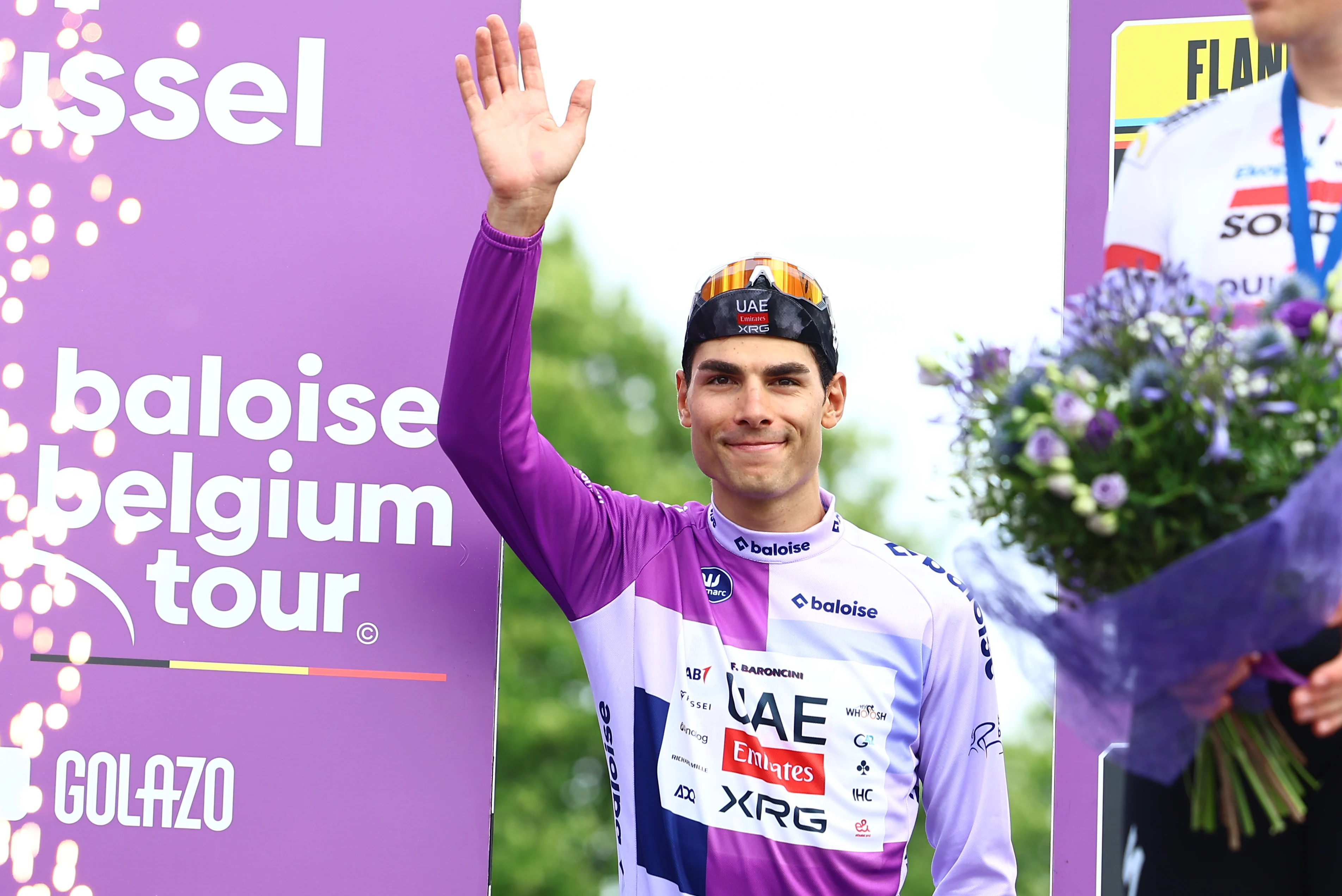 Italian Filippo Baroncini of UAE Team Emirates pictured on the podium after stage 5, the last stage of the Baloise Belgium Tour cycling race, from and to Brussels (183,2 km), Sunday 22 June 2025. The Baloise Belgium Tour takes place from 18 to 22 June. BELGA PHOTO DAVID PINTENS