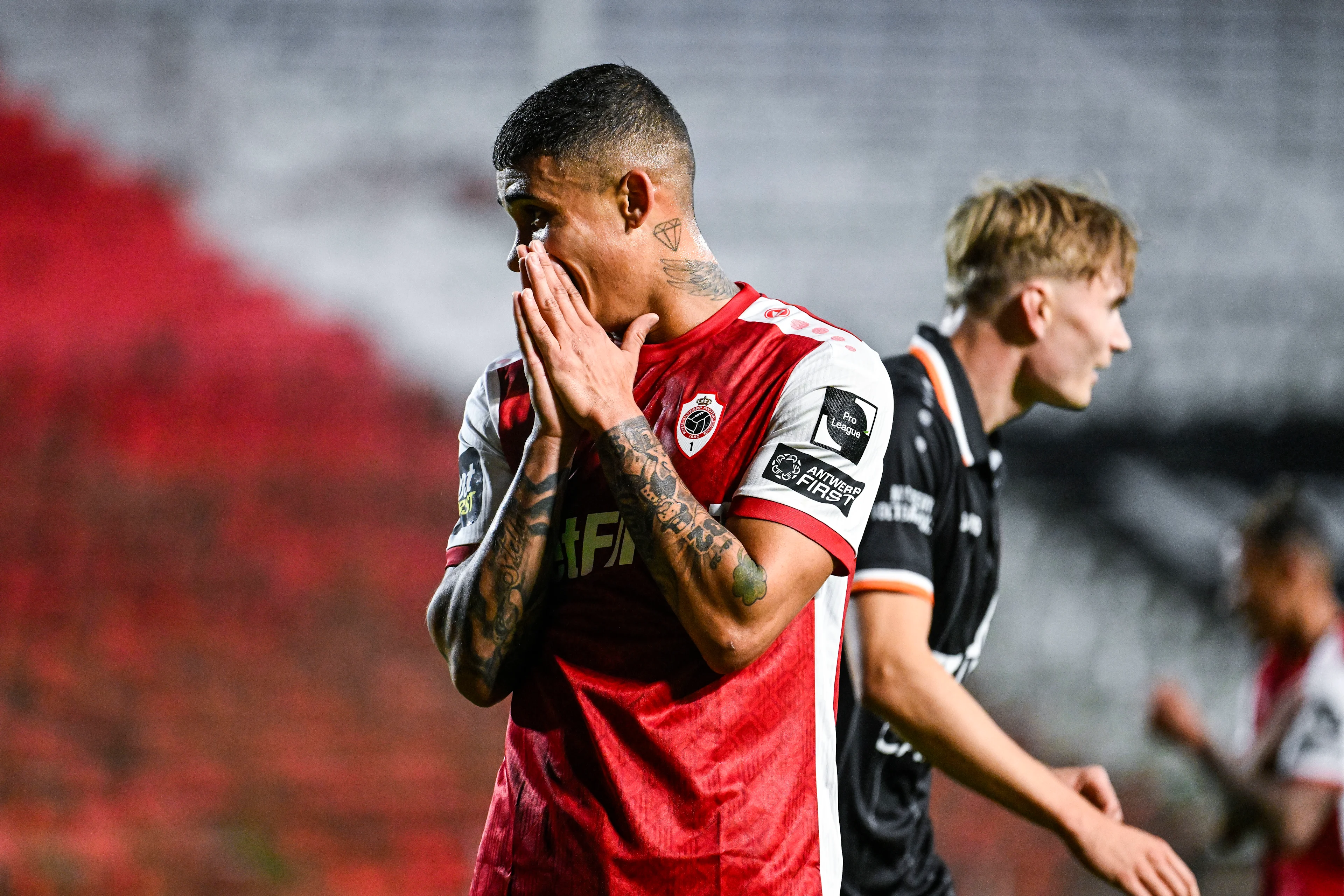 Antwerp's Ayrton Costa reacts during a soccer game between JPL club Royal Antwerp and second division club KMSK Deinze, Thursday 31 October 2024 in Deurne, in the round 1 of 16 of the 'Croky Cup' Belgian soccer cup. BELGA PHOTO TOM GOYVAERTS