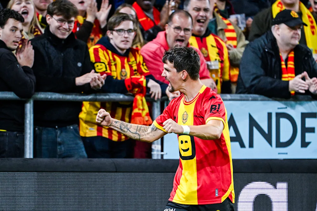 Mechelen's Benito Raman celebrates after scoring during a soccer match between KV Mechelen and Sint-Truiden VV, Sunday 11 October 2026 in Mechelen, on day 8 of the 2026-2027 'Jupiler Pro League' first division of the Belgian championship. BELGA PHOTO TOM GOYVAERTS