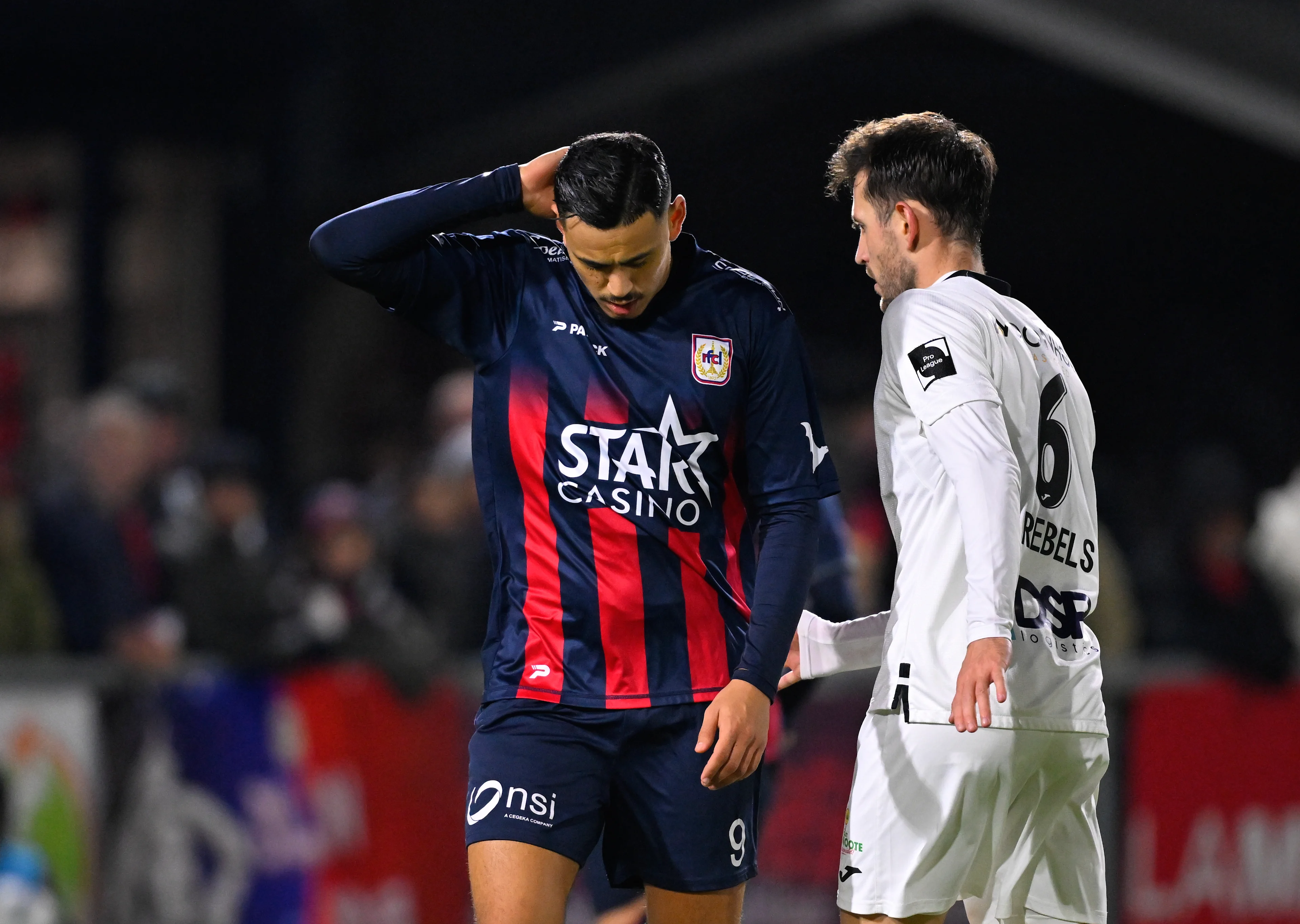 Liege's Zakaria Atteri reacts during a soccer match between RFC Liege and Lokeren-Temse, Sunday 15 December 2024 in Liege, on day 15 of the 2024-2025 'Challenger Pro League' 1B second division of the Belgian championship. BELGA PHOTO JOHN THYS