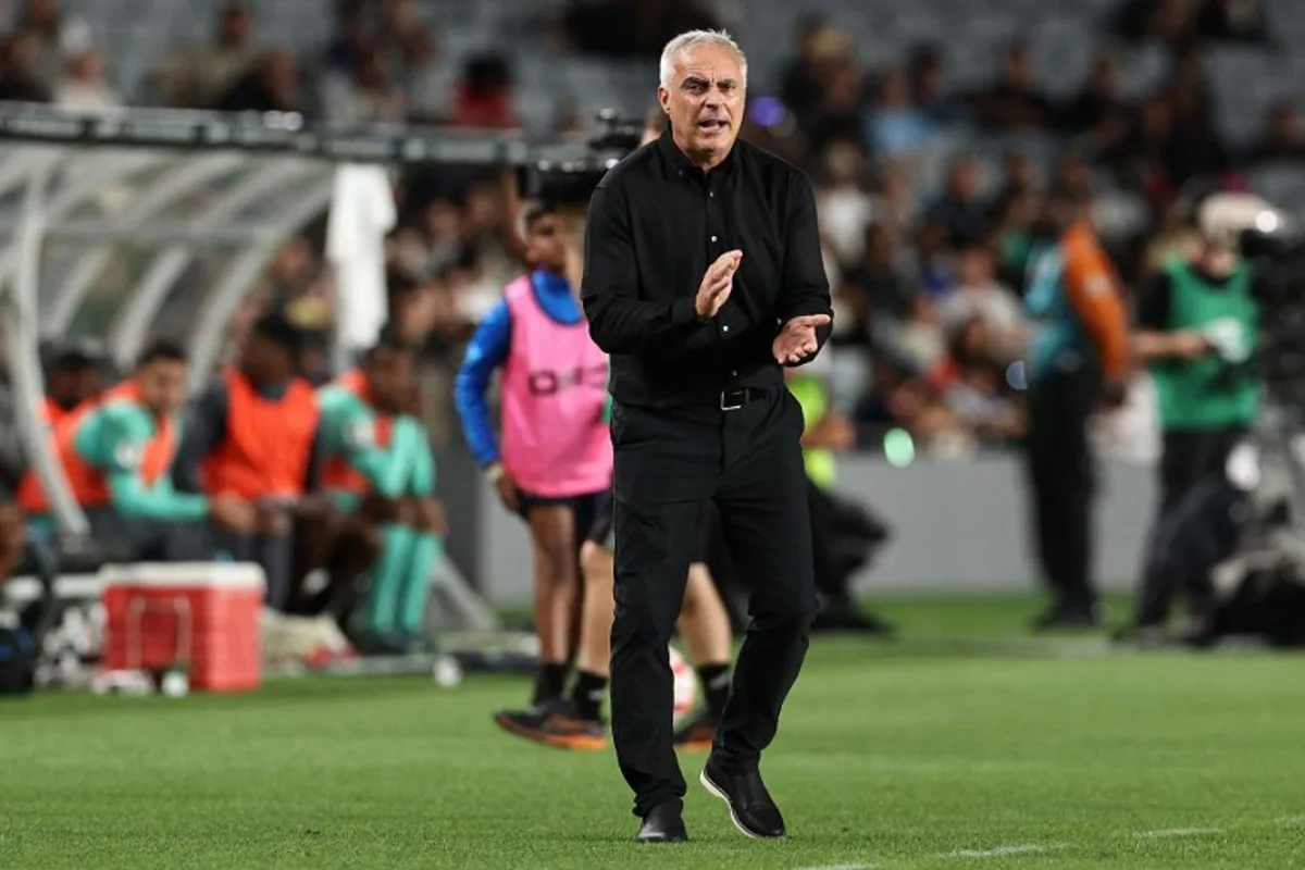 New Zealand's coach Darren Bazeley reacts during the FIFA World Cup 2026 Oceania qualifiers group final football match between New Zealand and New Caledonia at Eden Park Stadium in Auckland on March 24, 2025.  DAVID ROWLAND / AFP