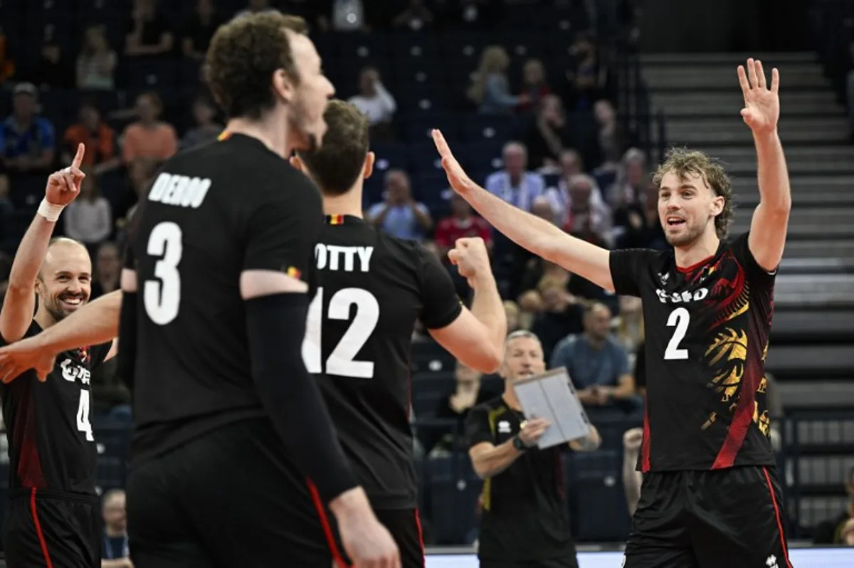 Team Belgium celebrates during the men's volleyball European Championships Pool C match Netherlands vs Belgium in Tampere, Finland, on September 11, 2026. Emmi Korhonen / Lehtikuva / AFP