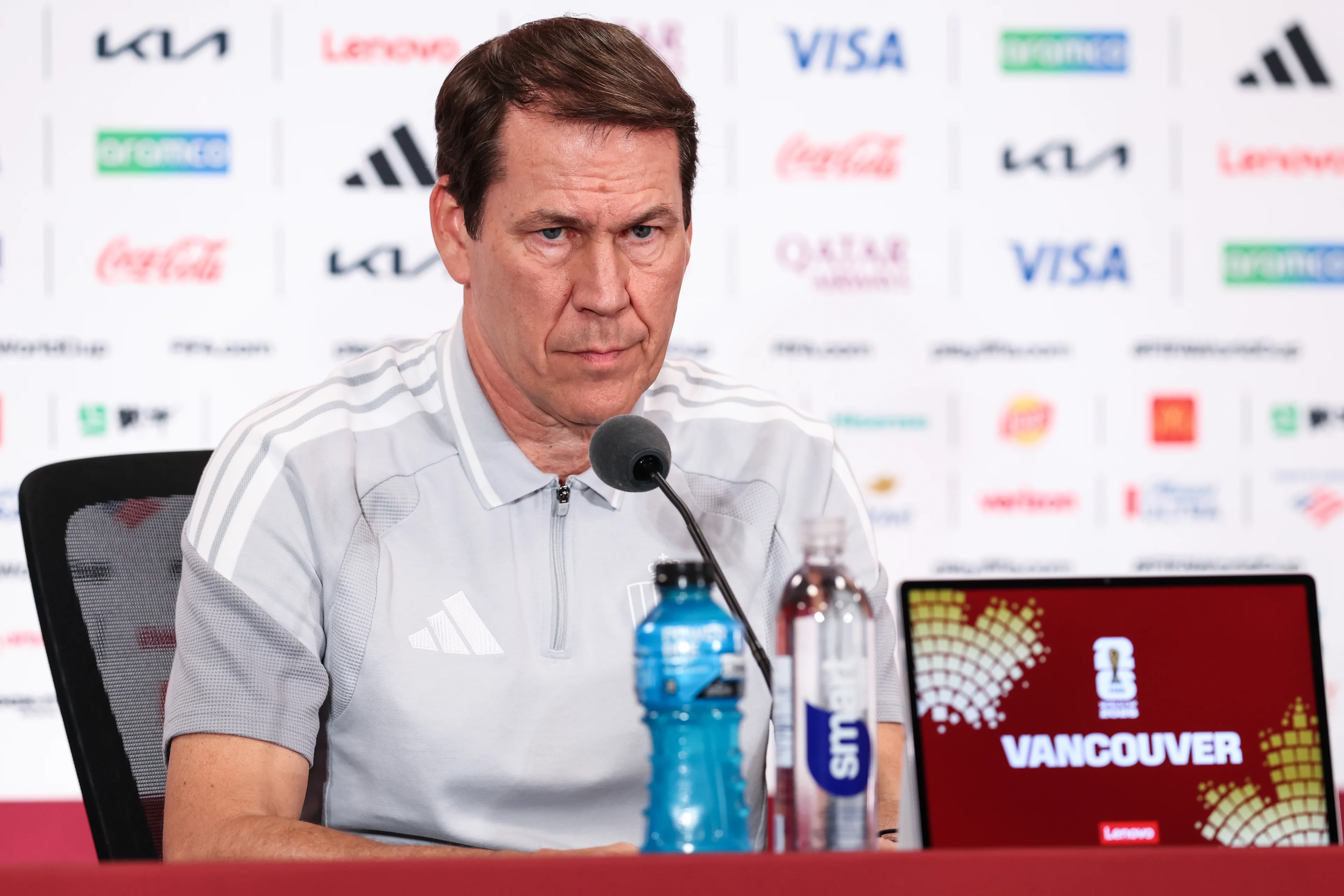 Belgium's head coach Rudi Garcia pictured during a press conference of Belgian national soccer team Red Devils in Vancouver, Canada, on Thursday 25 June 2026. The Rode Duivels-Diables Rouges have two draw games so far and a third game to play on the 27th of June. BELGA PHOTO BRUNO FAHY