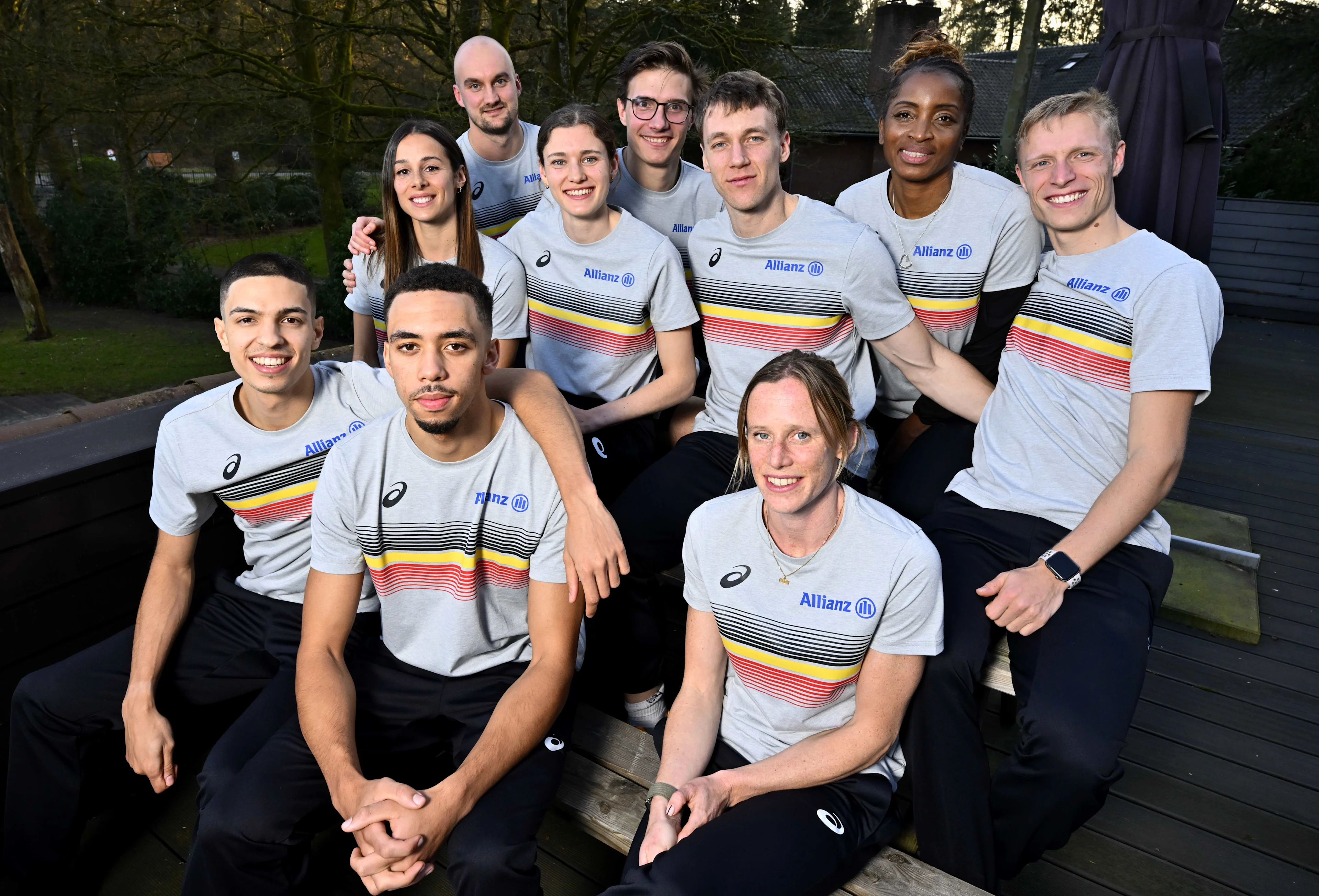 Team Belgium athletics coach Bram Peters , Belgian athletics coach Carole Kaboud Me Bam, Belgian Christian Iguacel, Belgian Helena Ponette, Belgian Julien Watrin, Belgian Florent Mabille, Belgian Jonathan Sacoor, Belgian Daniel Segers and Belgian Imke Vervaet pose for the photographer during a press conference ahead of the European Athletics Indoor Championships, in Apeldoorn, The Netherlands, Wednesday 05 March 2025. The championships take place from 6 to 9 March. BELGA PHOTO ERIC LALMAND