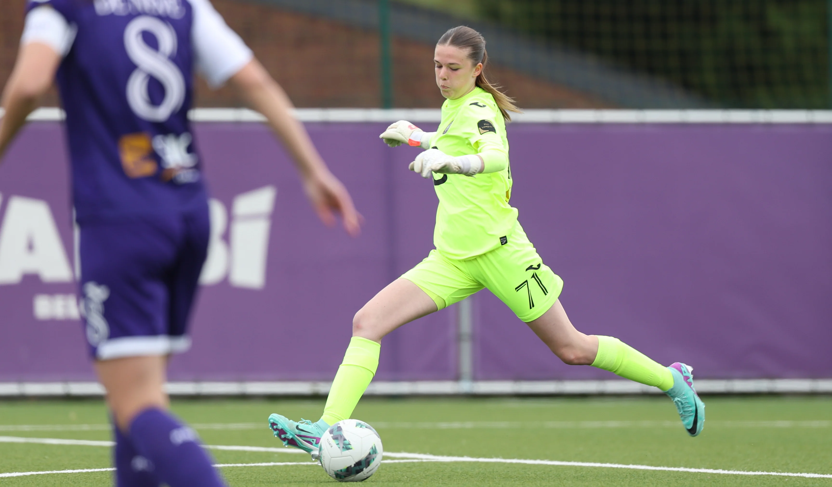 RSCA's goalkeeper Aude Waldbillig pictured in action during a soccer game between KAA Gent Ladies and RSCA Women, Saturday 27 April 2024 in Brussels, on day 6 of the play-off group A of the Super League women's championship. BELGA PHOTO VIRGINIE LEFOUR