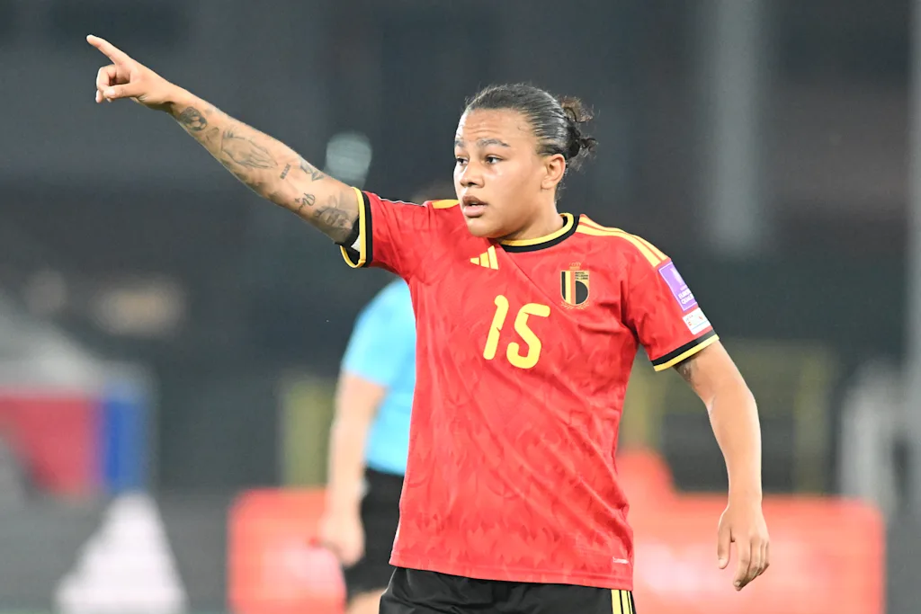 Belgium's Mariam Toloba pictured during a soccer game between Belgium's national women's team the Red Flames and Scotland, on Saturday 18 April 2026 in Leuven, in the fourth of six games of the qualifiers for the 2027 FIFA Women's World Cup. BELGA PHOTO JILL DELSAUX