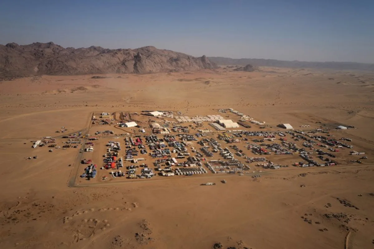 An aerial picture shows of the bivouac during the Stage 1 of the Dakar Rally 2025, between Bisha and Bisha, Saudi Arabia, on January 4, 2025.  Valery HACHE / AFP