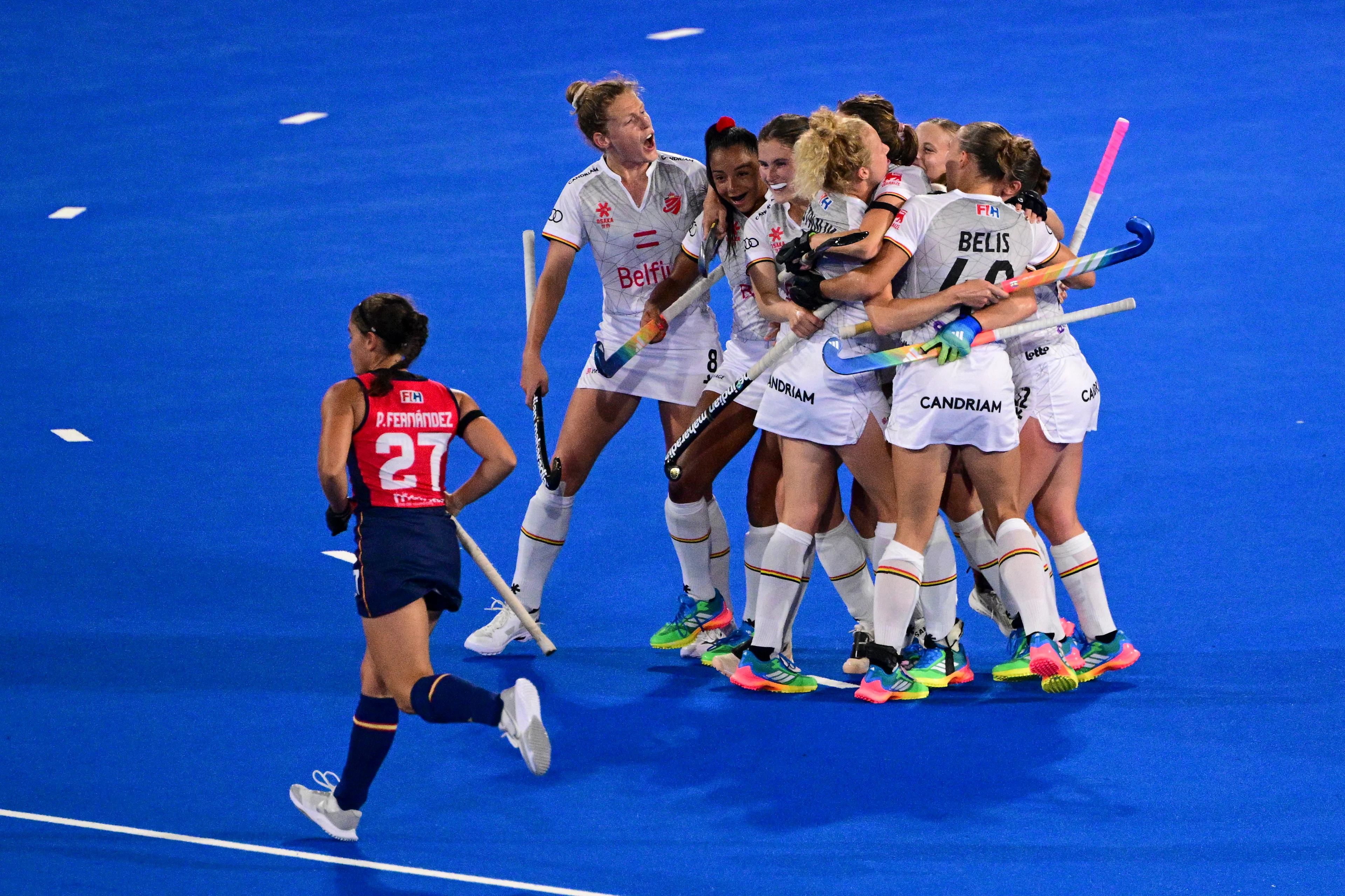 The Red Panthers celebrate after scoring during a field hockey game between Belgian national team Red Panthers and Spain during the group stage of the women's 2026 Hockey World Cup, on Tuesday 18 August 2026, in Wavre. The 2026 edition of the Hockey World Cup takes place in Belgium and The Netherlands from August 15 to August 30. BELGA PHOTO DIRK WAEM