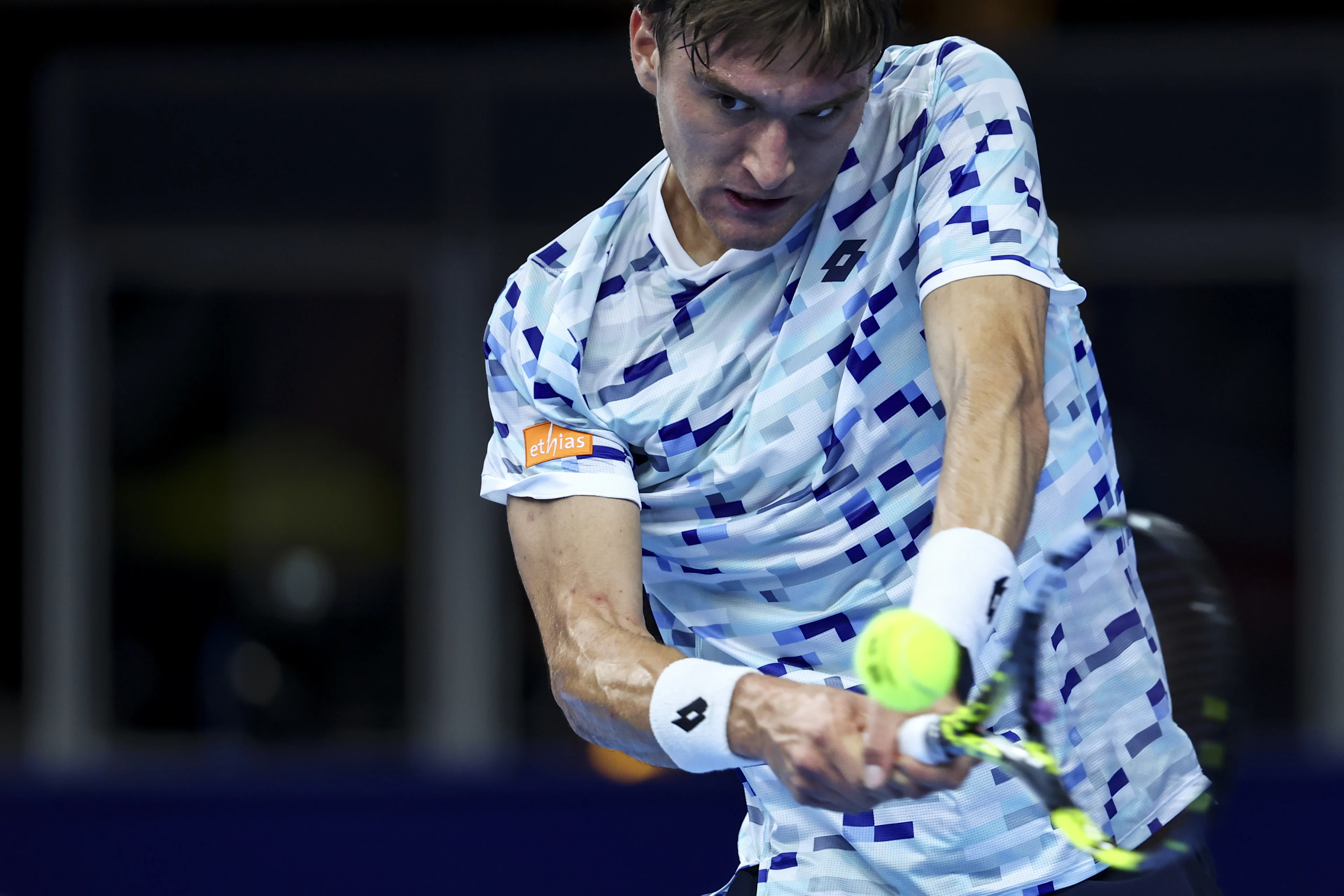 Belgian Raphael Collignon pictured in action during a tennis match in the round of 32 of the singles competition at the ATP European Open Tennis tournament in Antwerp, Monday 14 October 2024. BELGA PHOTO DAVID PINTENS