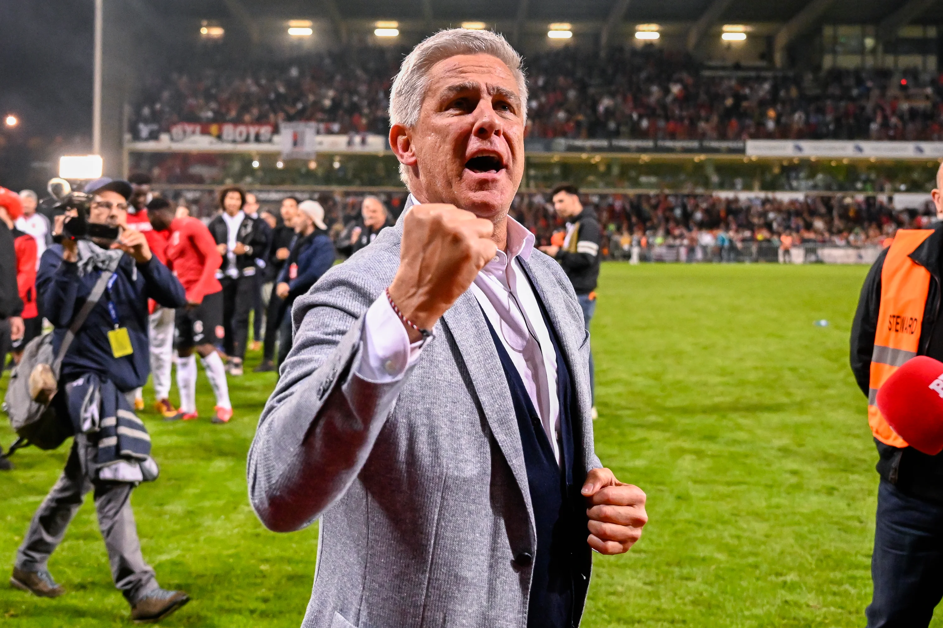 Rwdm's chairman Thierry Dailly pictured during celebrations after RWDM won the championship, after a soccer match between RWDM and RSCA Futures, Saturday 13 May 2023 in Brussels, on day 10 (out of 10) of the Promotion Play-Offs of the 2022-2023 'Challenger Pro League' 1B second division of the Belgian championship. RWDM will be promoted to the first division. BELGA PHOTO LAURIE DIEFFEMBACQ