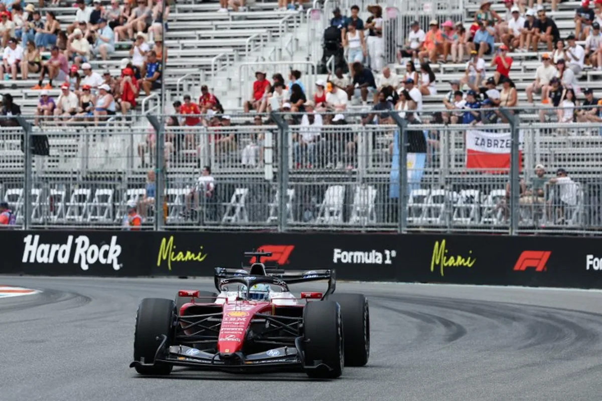 Ferrari's Monegasque driver Charles Leclerc races during a practice session for the 2026 Miami Formula One Grand Prix at Miami International Autodrome in Miami Gardens, Florida, on May 1, 2026.   CHARLY TRIBALLEAU / AFP