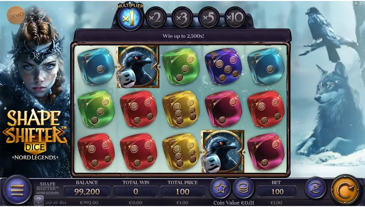 Gameplay van Shape Shifter Dice – Nord Legends van Air Dice, met evoluerende symbolen en dynamische multipliers.
