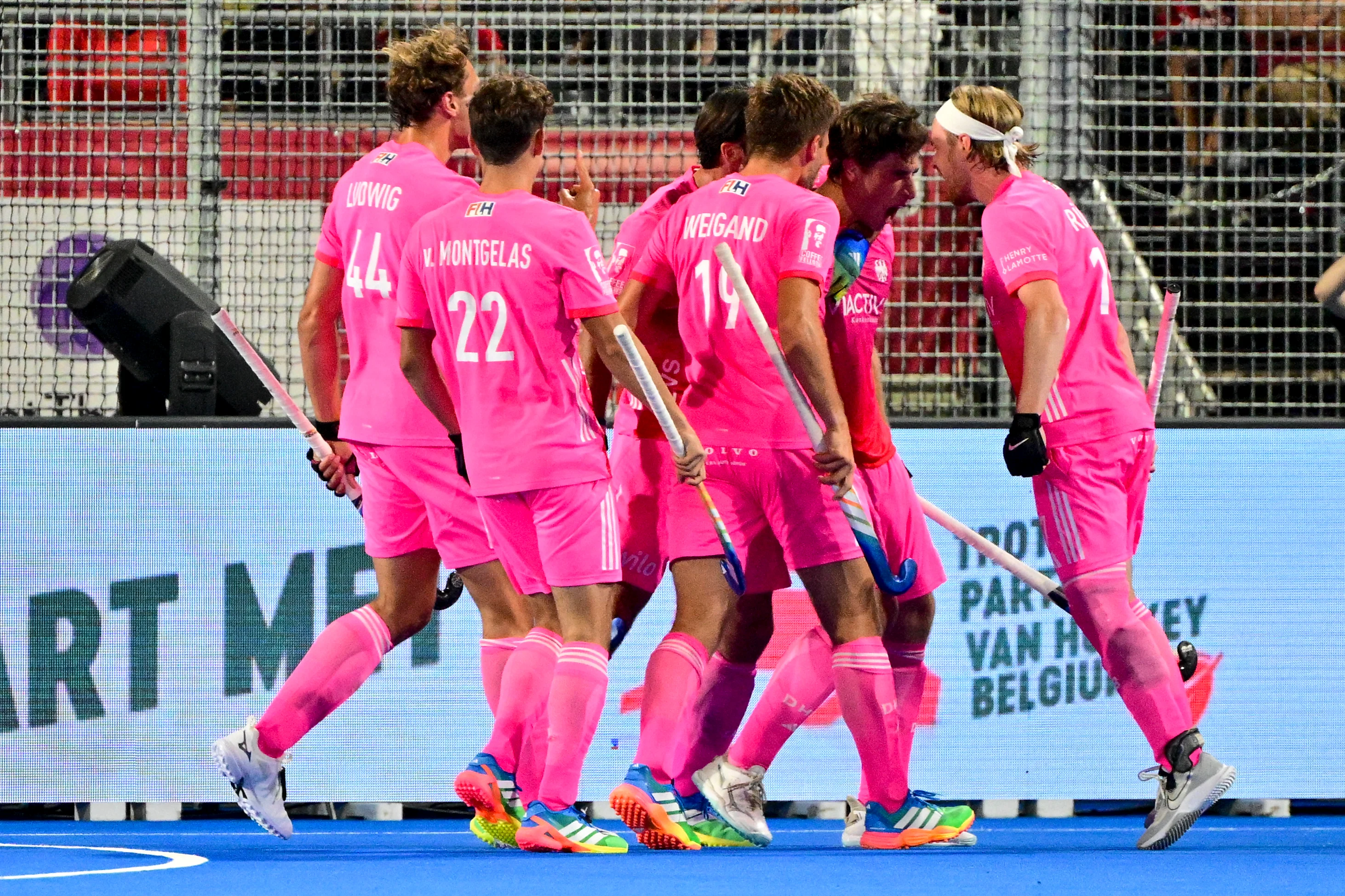 German players celebrate after scoring during a hockey game between Belgian Lions and Germany, the second (out of three) matches during the group stage of the men's 2026 Hockey World Cup, Monday 17 August 2026 in Wavre. The 2026 edition of the Hockey World Cup takes place in Belgium and The Netherlands from August 15 to August 30. BELGA PHOTO DIRK WAEM