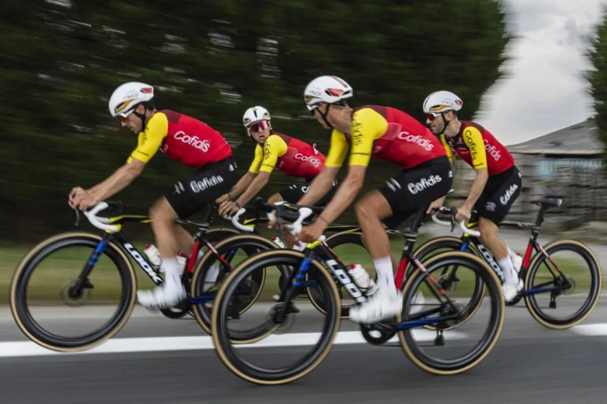Cofidis team's French rider Bryan Coquard (2L) cycles during a reconnaissance of the third stage of the Tour de France 2025, in the Pas-de-Calais department, northern France, on July 2, 2025, three days ahead of the start of the iconic French cycling race. Sameer Al-DOUMY / AFP