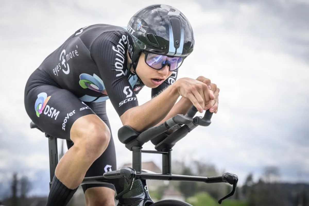 Team DSM's German rider Marco Brenner cycles during the third stage of the Tour of Romandie UCI cycling World tour 18.8 km time trial to and from Chatel-Saint-Denis on April 28, 2023. GABRIEL MONNET / AFP