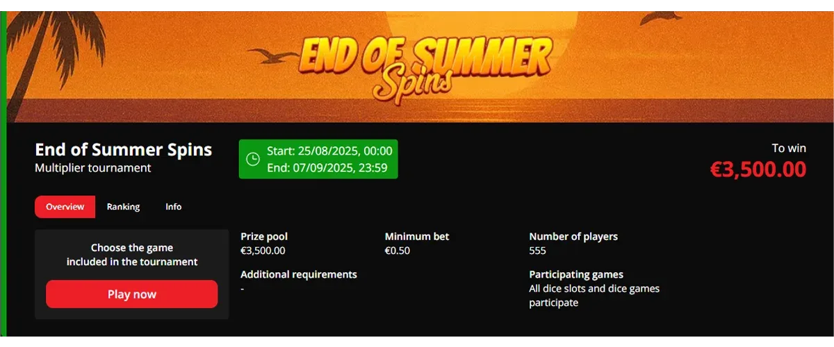 Join the End of Summer Spins tournament on Casino King with a €3,500 prize pool shared across dice slots and dice games.