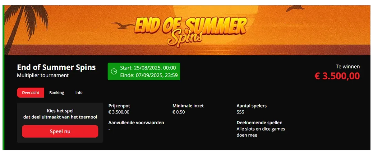 Doe mee aan het End of Summer Spins toernooi bij Casino King met €3.500 prijzenpot verdeeld over dice slots en dice games.