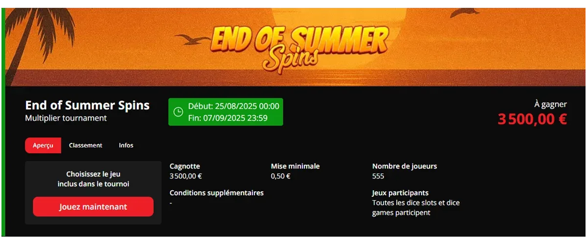 Participez au tournoi End of Summer Spins sur Casino King avec 3 500 € de prize-pool à partager sur dice slots et dice games.