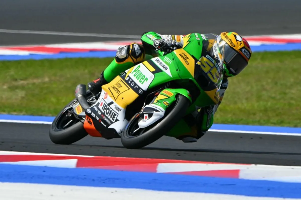 CIP Green Power team's Swiss Moto3 rider Noah Dettwiler corners during the Qualifying session for the Moto3 race as part of the San Marino Moto GP at the Misano World Circuit Marco Simoncelli, in Misano Adriatico, northern Italy, on September 13, 2025. Andreas SOLARO / AFP
