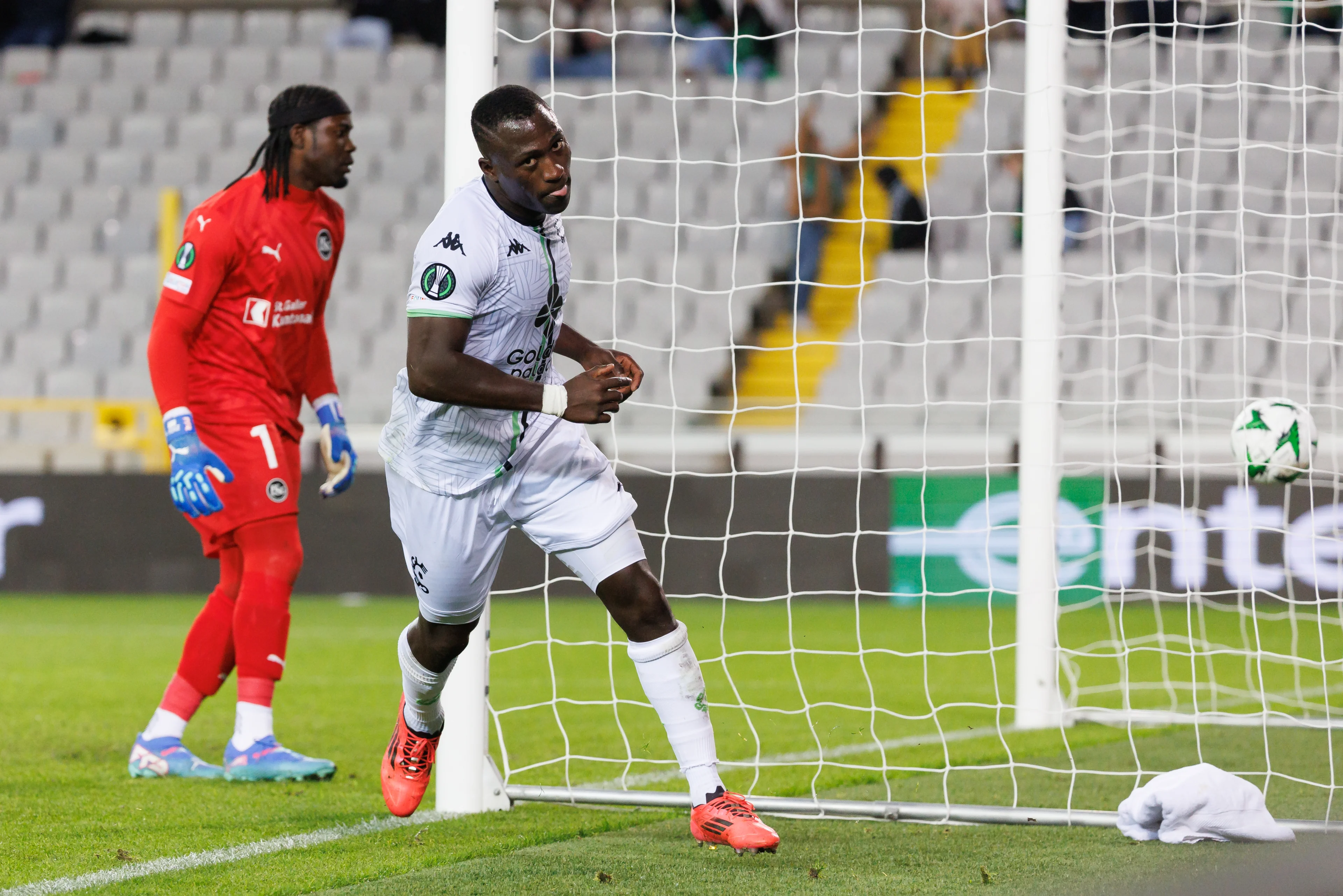 Cercle's Kevin Denkey celebrates after scoring during a soccer match between Belgian team Cercle Brugge KV and Swiss team FC St. Gallen, Thursday 03 October 2024 in Brugge, for the opening day of the UEFA Conference League tournament. BELGA PHOTO KURT DESPLENTER