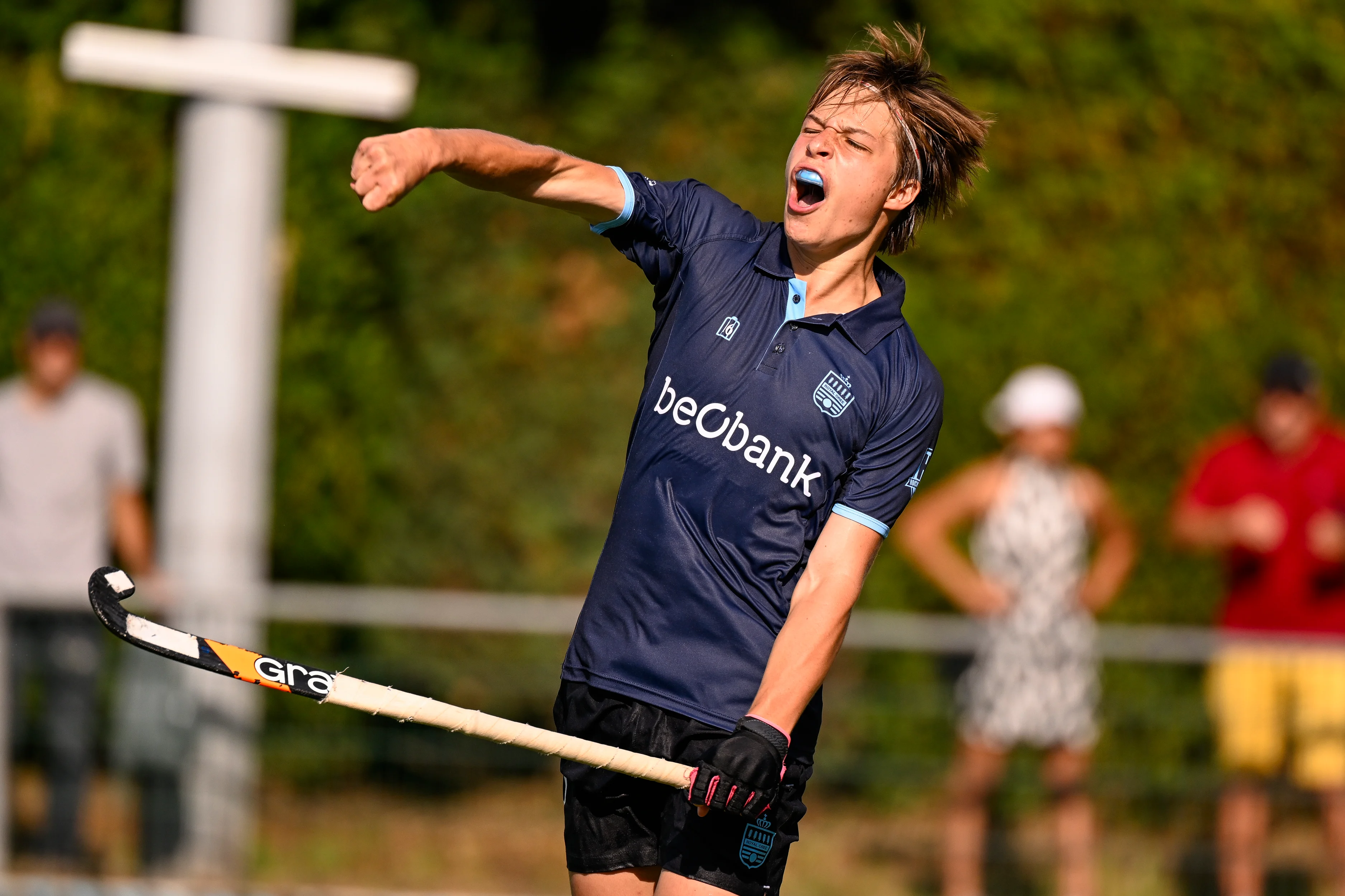 Oree's Max Langer celebrates during a hockey game between Royal Oree HC and WatDucks, Sunday 10 September 2023 in Brussels, on day 1 of the Belgian Men Hockey League season 2023-2024. BELGA PHOTO LAURIE DIEFFEMBACQ