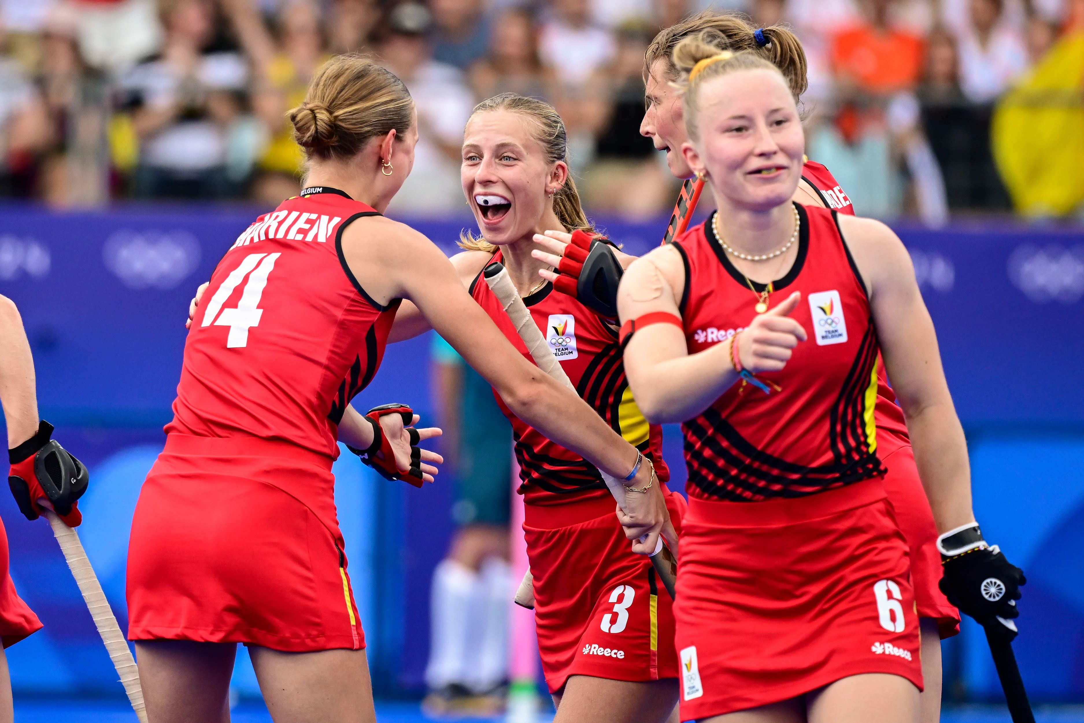 Belgium's Justine Rasir celebrates after scoring during a hockey game between Argentina and Belgium's national team the Red Panthers, a bronze medal match at the Paris 2024 Olympic Games, on Friday 09 August 2024 in Paris, France. The Games of the XXXIII Olympiad are taking place in Paris from 26 July to 11 August. The Belgian delegation counts 165 athletes competing in 21 sports. BELGA PHOTO DIRK WAEM