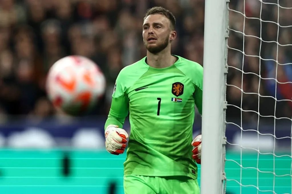 Netherlands' goalkeeper Jasper Cillessen reacts during the UEFA Euro 2024 qualification football match between France and Netherlands at the Stade de France in Saint-Denis, north of Paris, on March 24, 2023. Anne-Christine POUJOULAT / AFP