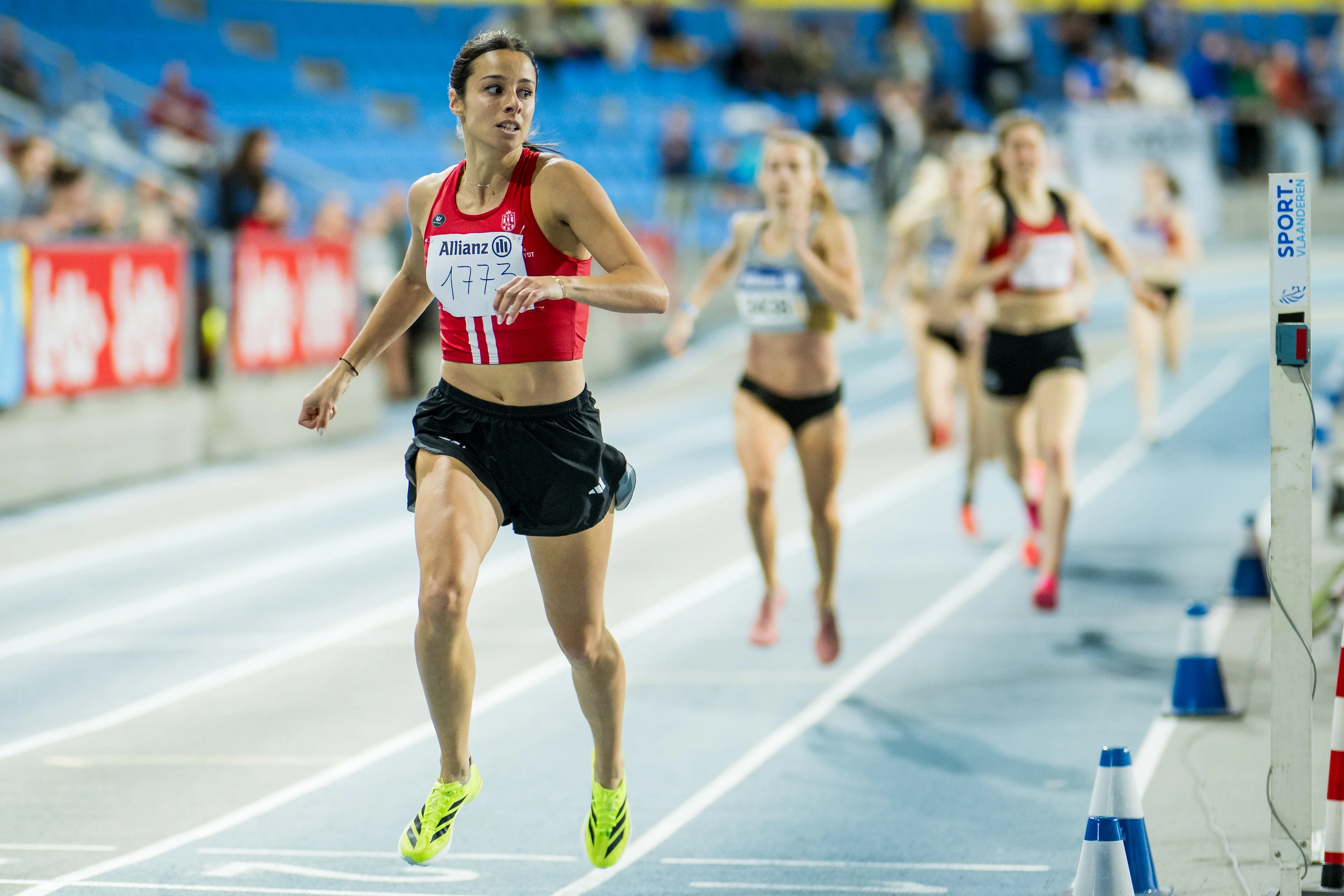 Belgian Camille Laus pictured in action during the women's 800m, at the Belgian indoor athletics championships, on Sunday 23 February 2025 in Gent. BELGA PHOTO JASPER JACOBS