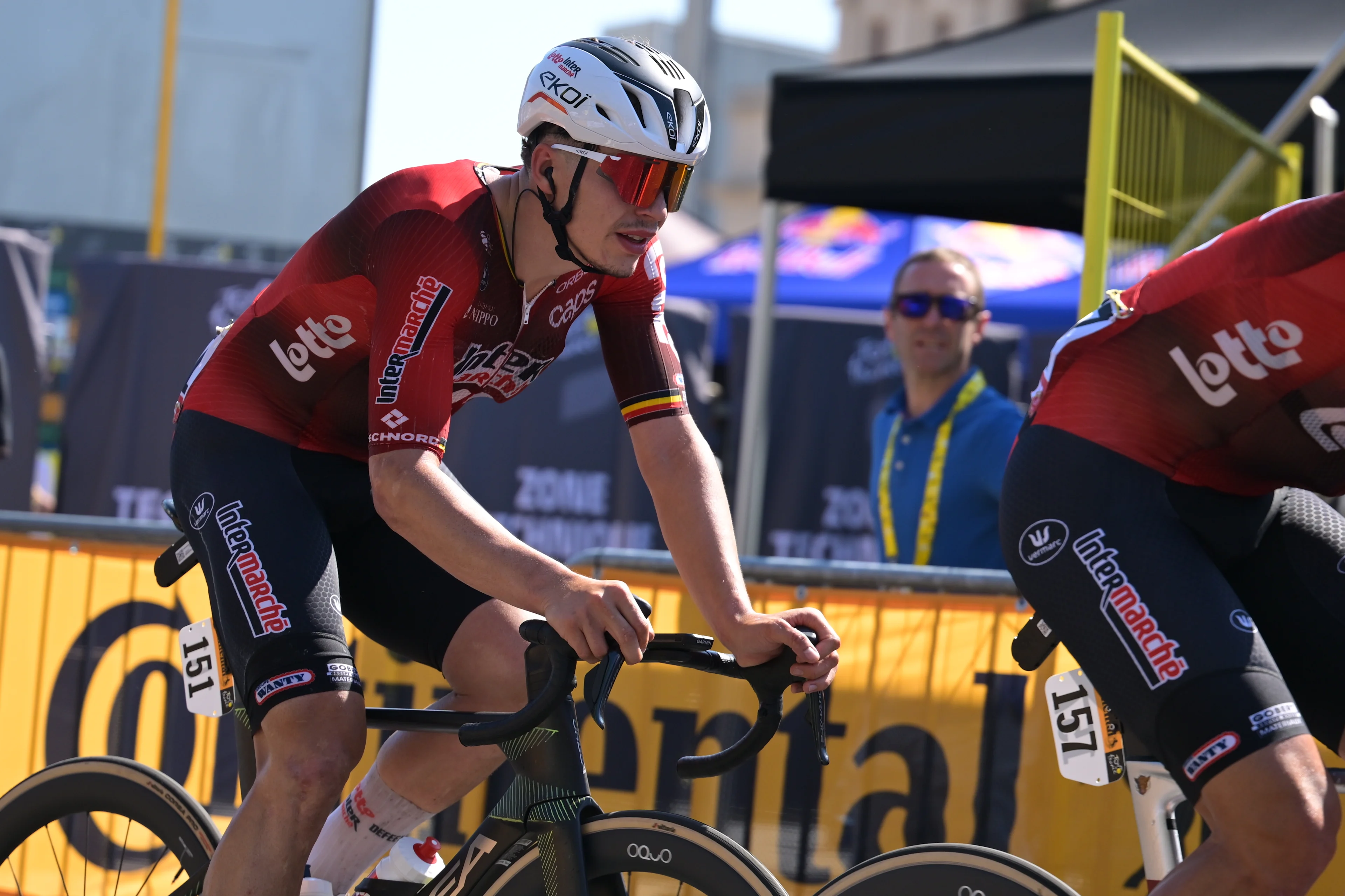 Belgian Arnaud De Lie of Lotto Intermarche pictured in action during the second stage of the 2026 Tour de France cycling race, a stage of 182km from Tarragona to Barcelona, Sunday 05 July 2026. The 113th edition of the Tour de France starts on Saturday 4 July in Barcelona, Spain, and will finish in Paris, France on the 26th of July.  BELGA PHOTO DAVID PINTENS