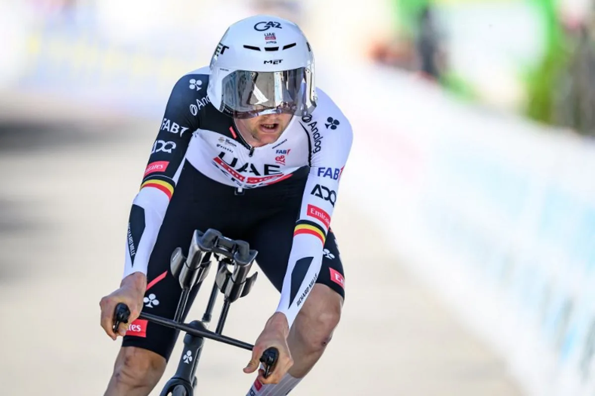 UAE Team Emirates-XRG's Belgian rider Tim Wellens competes during the fourth stage, a 23,7 km time trial from Aarburg to Aarburg, at the Men's Tour of Switzerland (Tour de Suisse) cycling race in Aarburg, Switzerland, on June 20, 2026.  Fabrice COFFRINI / AFP