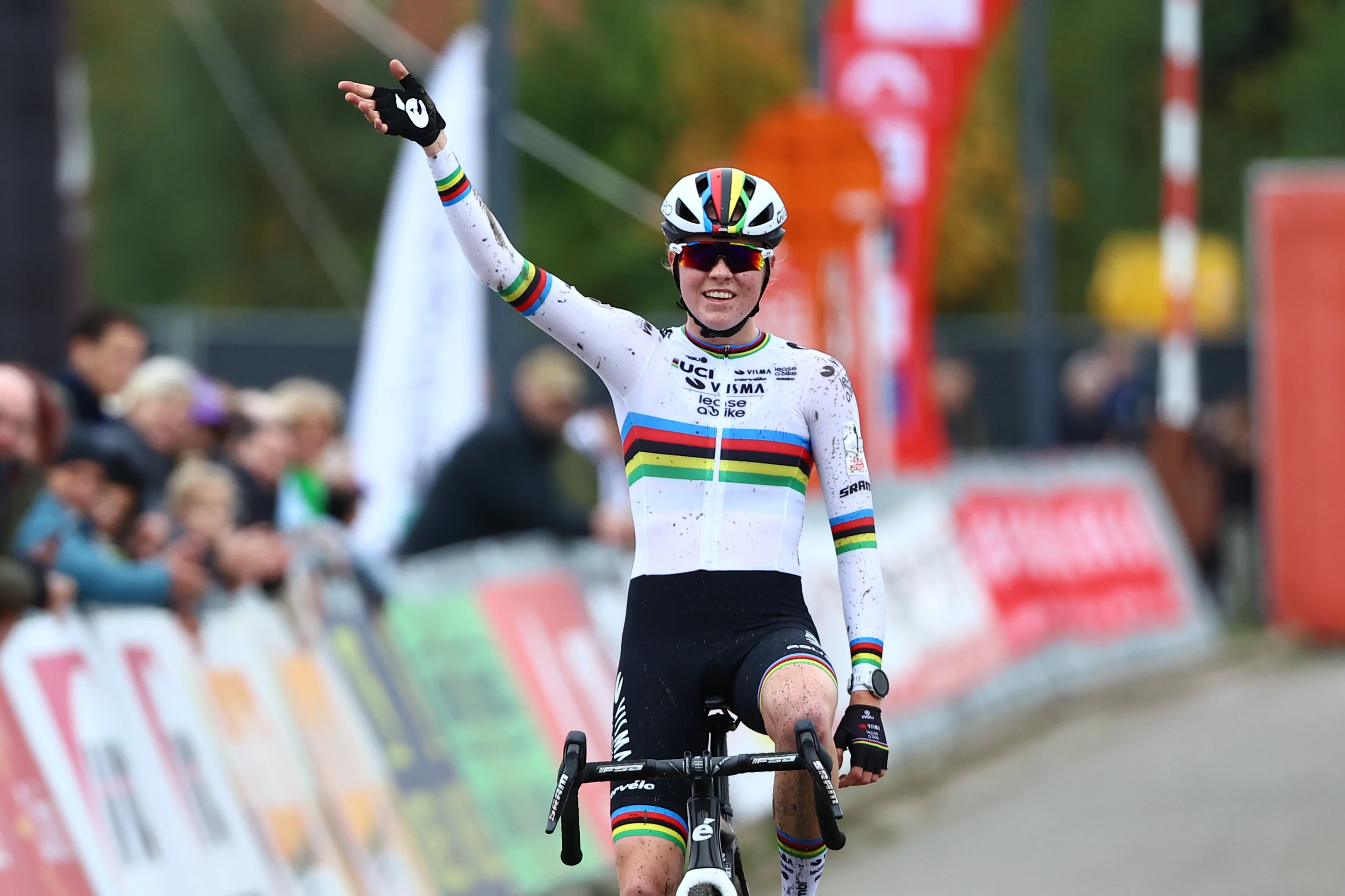 Dutch Fem Van Empel celebrates as she crosses the finish line at the women elite race of the 'Exact Cross Beringen' cyclocross cycling event, Saturday 12 October 2024 in Beringen, race 1/7 of the Exact Cross competition. BELGA PHOTO DAVID PINTENS