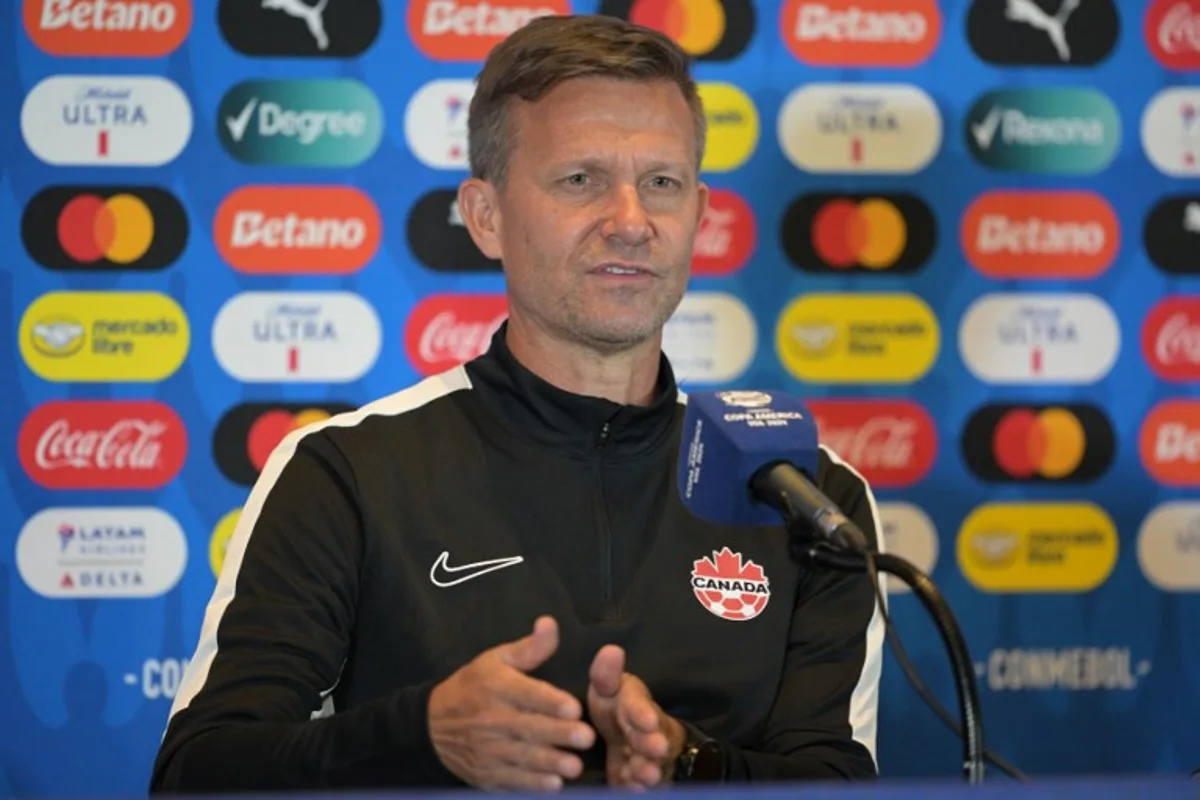 Canada's US coach Jesse Marsch speaks during a press conference one day before the Conmebol 2024 Copa America tournament semifinal match between Canada and Argentina at MetLife Stadium in East Rutherford, New Jersey, on July 8, 2024.  JUAN MABROMATA / AFP