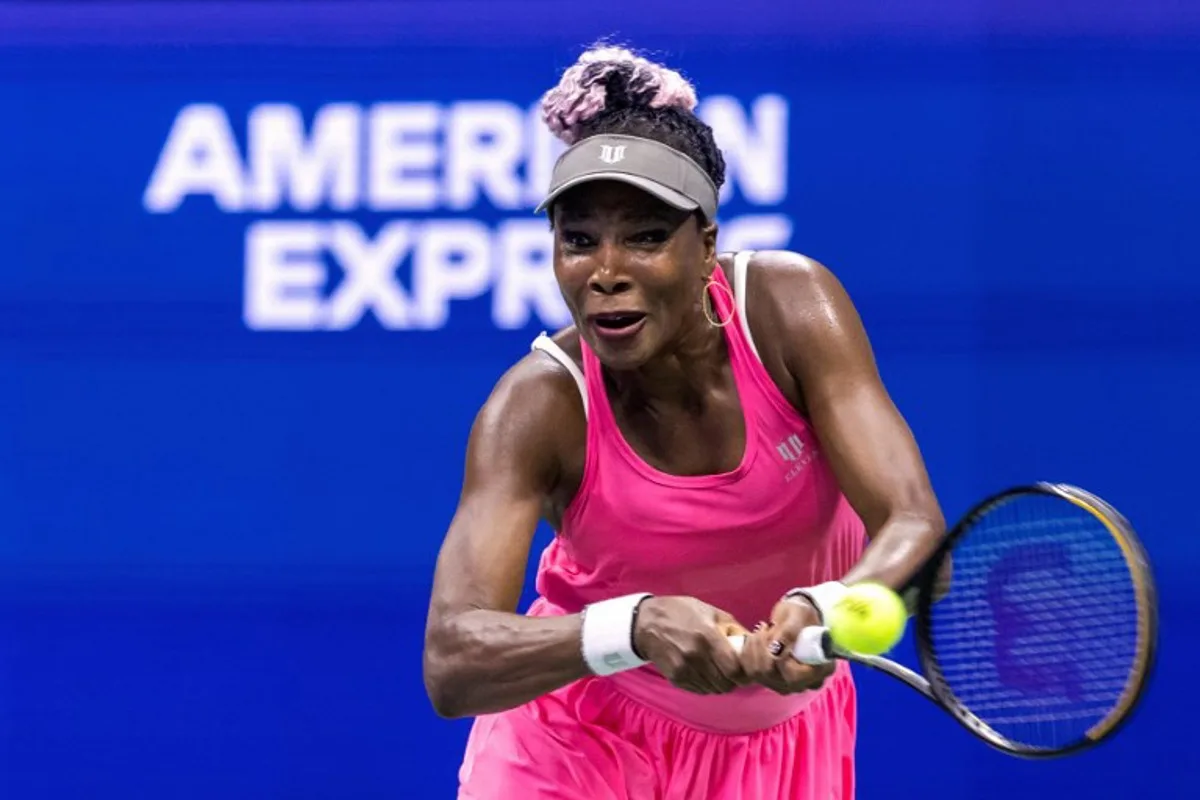 USA's Venus Williams plays a backhand return against Belgium's Greet Minnen during the US Open tennis tournament women's singles first round match at the USTA Billie Jean King National Tennis Center in New York City, on August 29, 2023. COREY SIPKIN / AFP