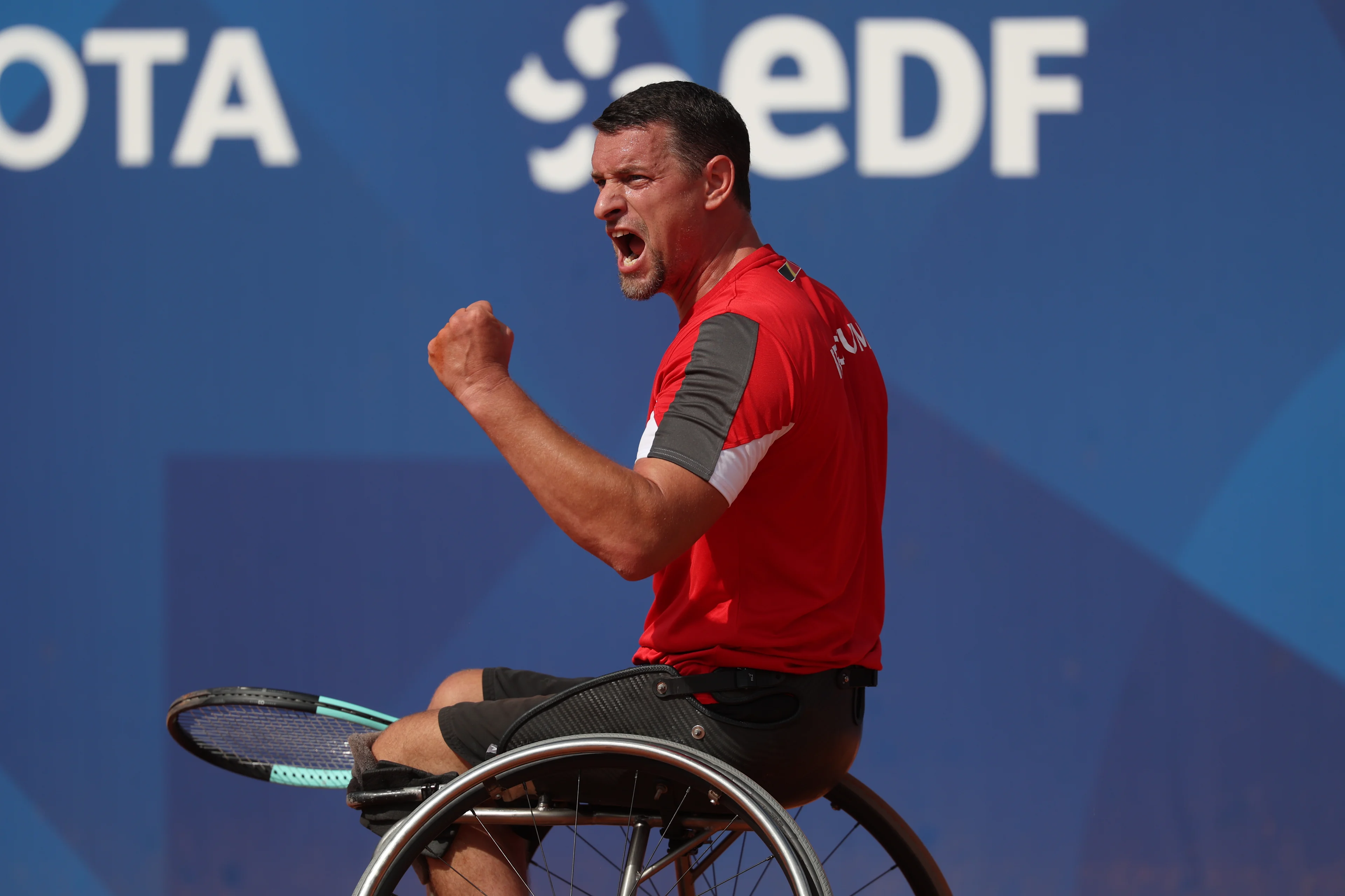 Belgian Joachim Gerard reacts during a game between Belgian Gerard and French Menguy, in the Men's Singles, 2nd round of the wheelchair tennis competition, on day 5 of the 2024 Summer Paralympic Games in Paris, France on Sunday 01 September 2024. The 17th Paralympics are taking place from 28 August to 8 September 2024 in Paris. BELGA PHOTO VIRGINIE LEFOUR