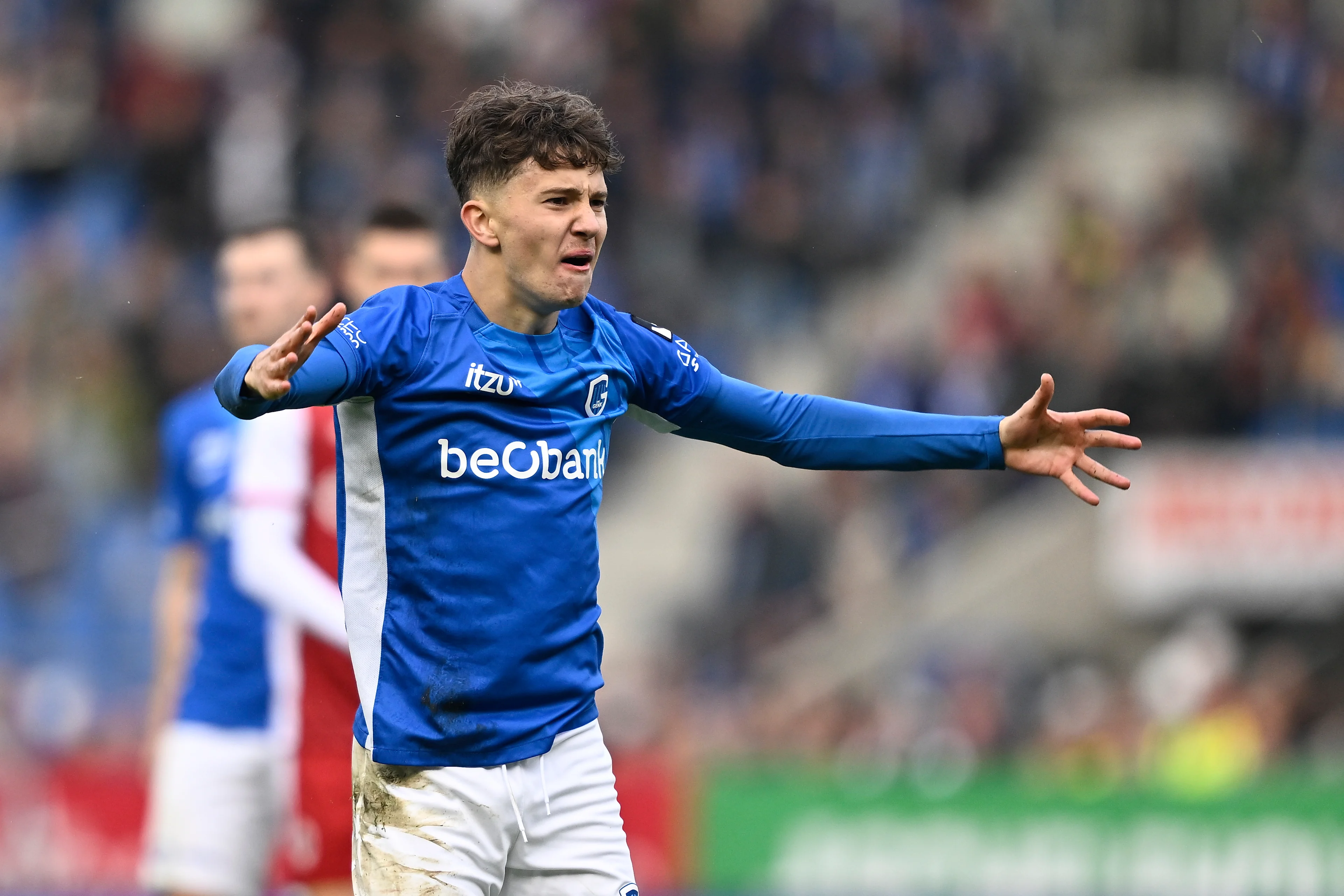 Genk's Konstantinos Karetsas celebrates after winning a soccer match between KRC Genk and Royal Antwerp FC, Sunday 03 November 2024 in Genk, on day 13 of the 2024-2025 season of the 'Jupiler Pro League' first division of the Belgian championship. BELGA PHOTO JOHAN EYCKENS