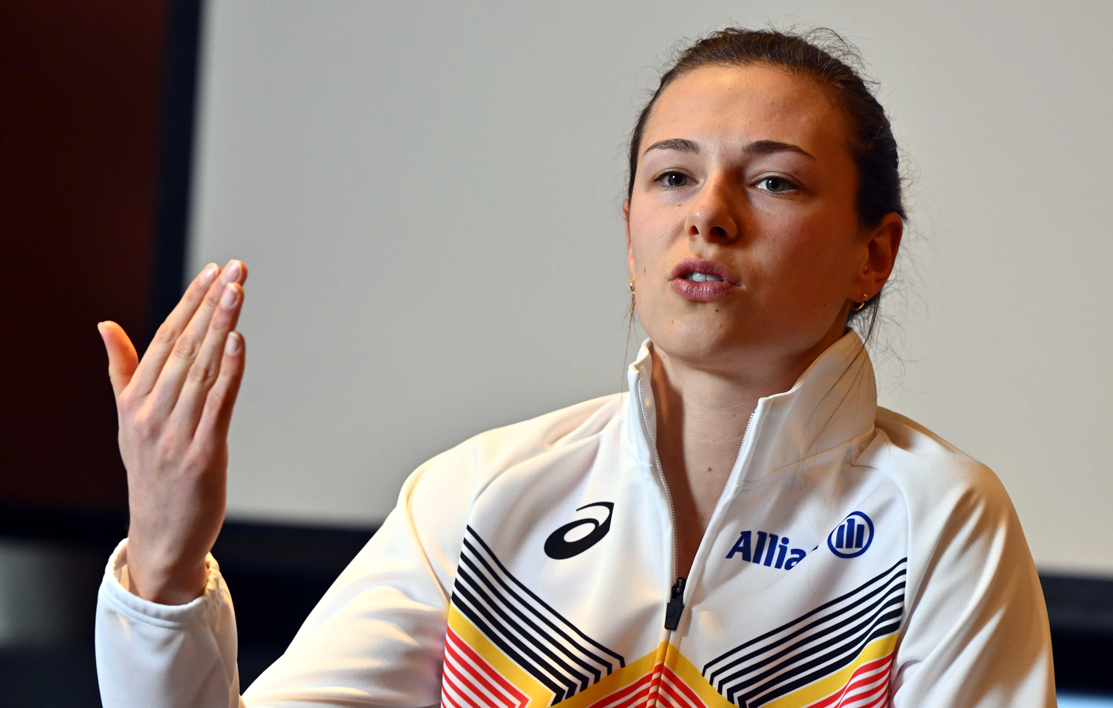 Belgian Elien Vekemans pictured during a press conference ahead of the European Athletics Indoor Championships, in Apeldoorn, The Netherlands, Wednesday 05 March 2025. The championships take place from 6 to 9 March. BELGA PHOTO ERIC LALMAND