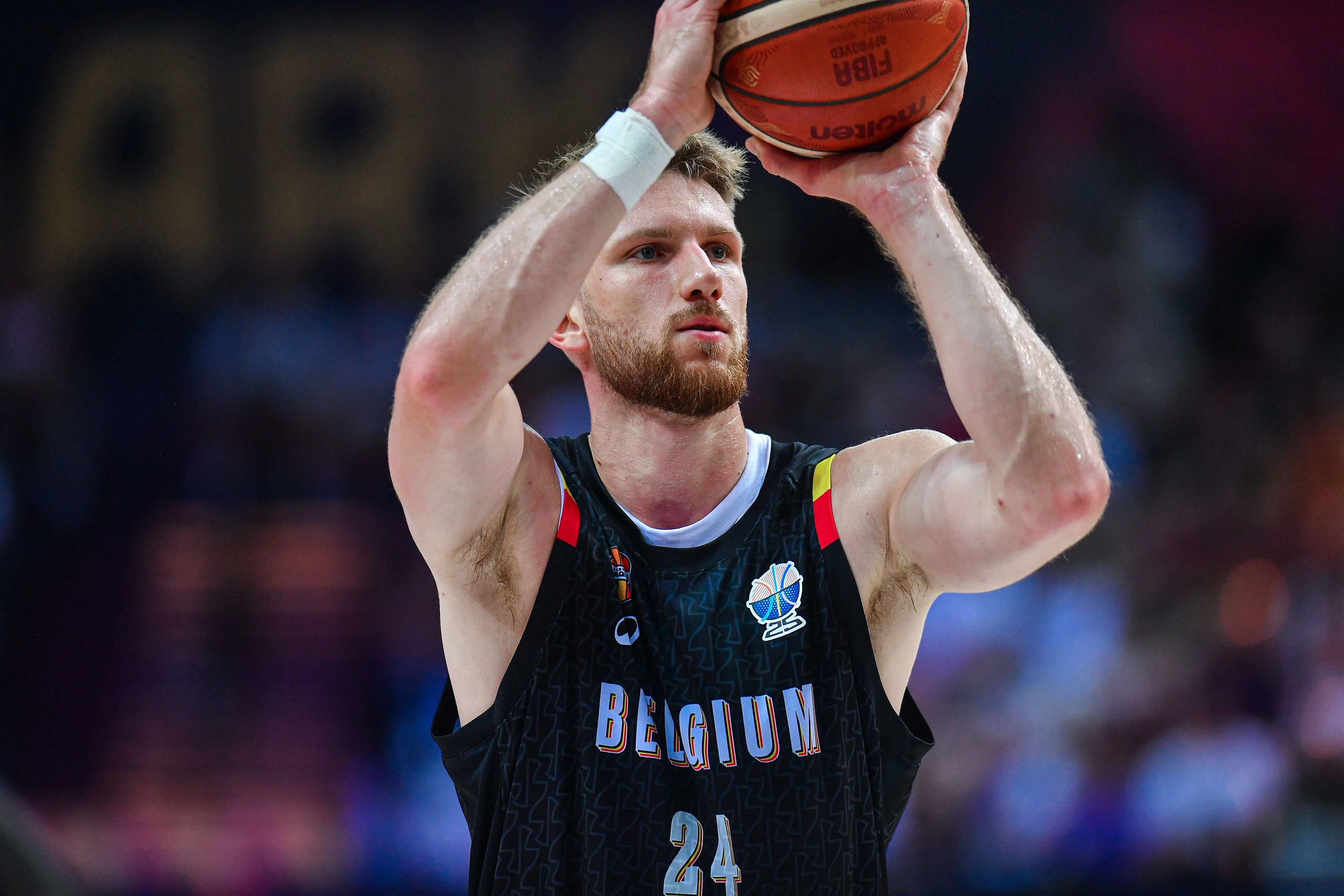 Belgium's Andy Van Vliet pictured in action during a basketball match between Belgium's national team Belgian Lions and Slovenia, Sunday 31 August 2025 in Katowice, Poland, the third game of the group stage of the Eurobasket 2025 European championships. BELGA PHOTO MARCIN BULANDA *** BELGIUM ONLY ***