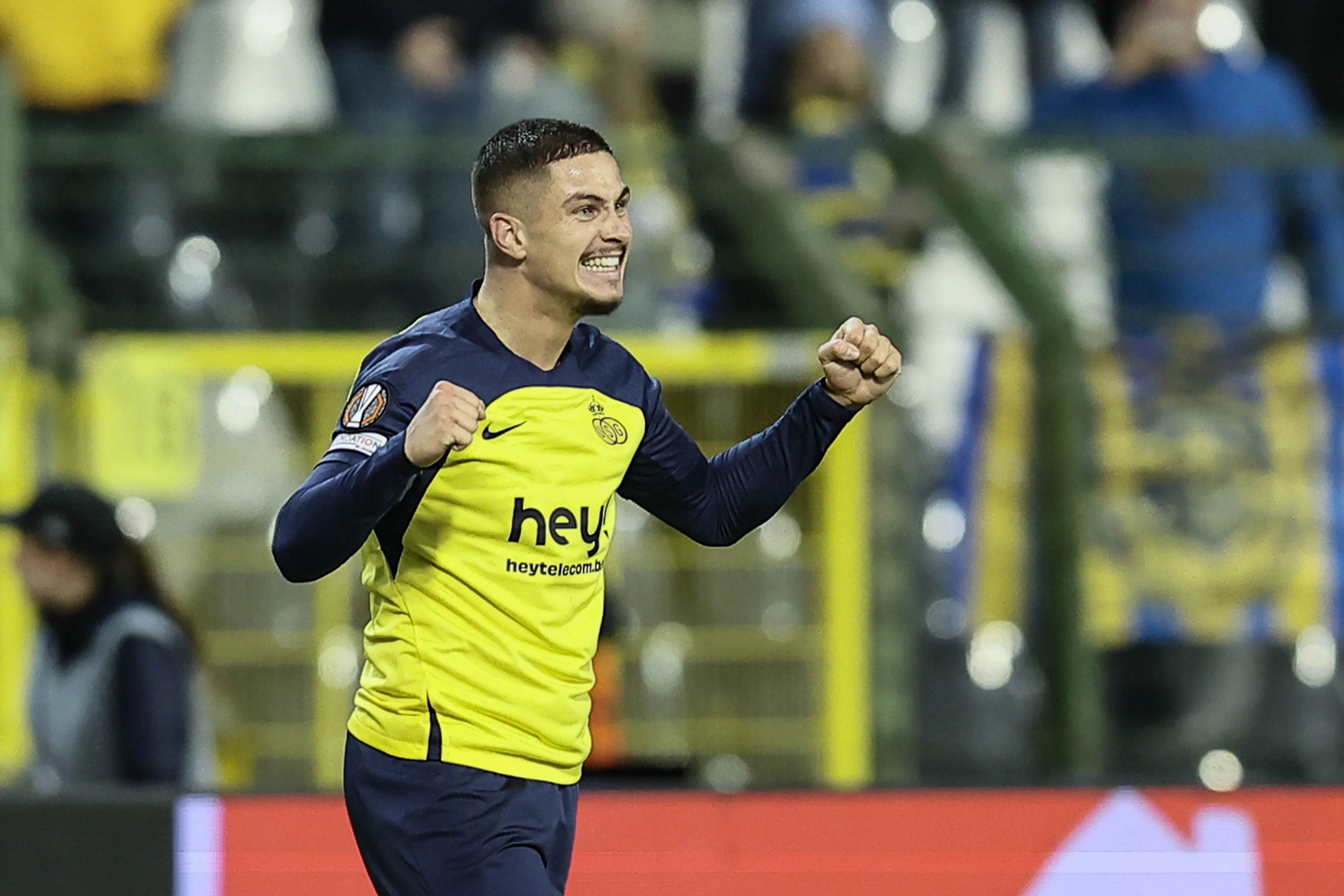 Union's Franjo Ivanovic celebrates after scoring during a soccer game between Belgian soccer team Royale Union Saint-Gilloise and Portugese Braga, on Thursday 23 January 2025 in Brussels, on day 7/8 of the League phase of the UEFA Europa League tournament. BELGA PHOTO BRUNO FAHY