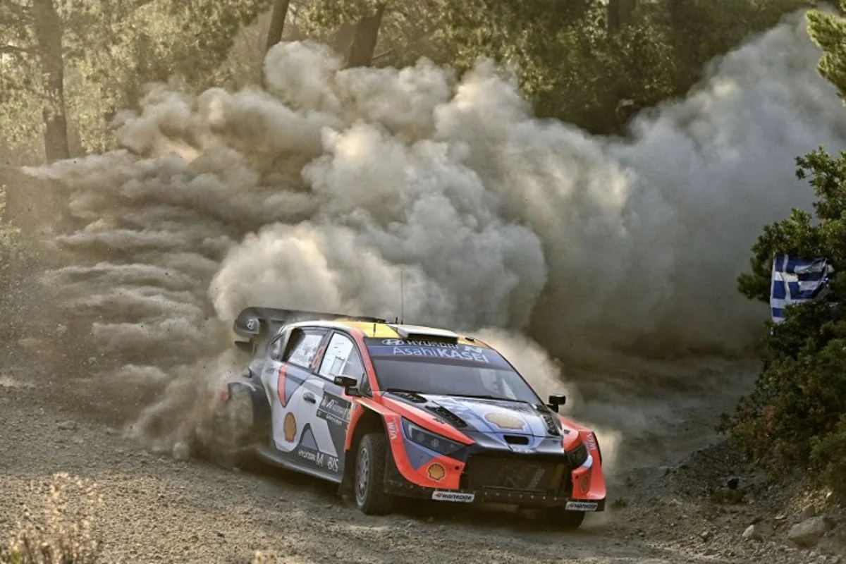 Estonia's Ott Tanak and his co-driver Martin Jarveoja driver their Hyundai i20 N Rally1 at the special stage Agioi Theodoroi during the Acropolis Rally in Agioi Theodoroi on June 27, 2025. Valerie GACHE / AFP