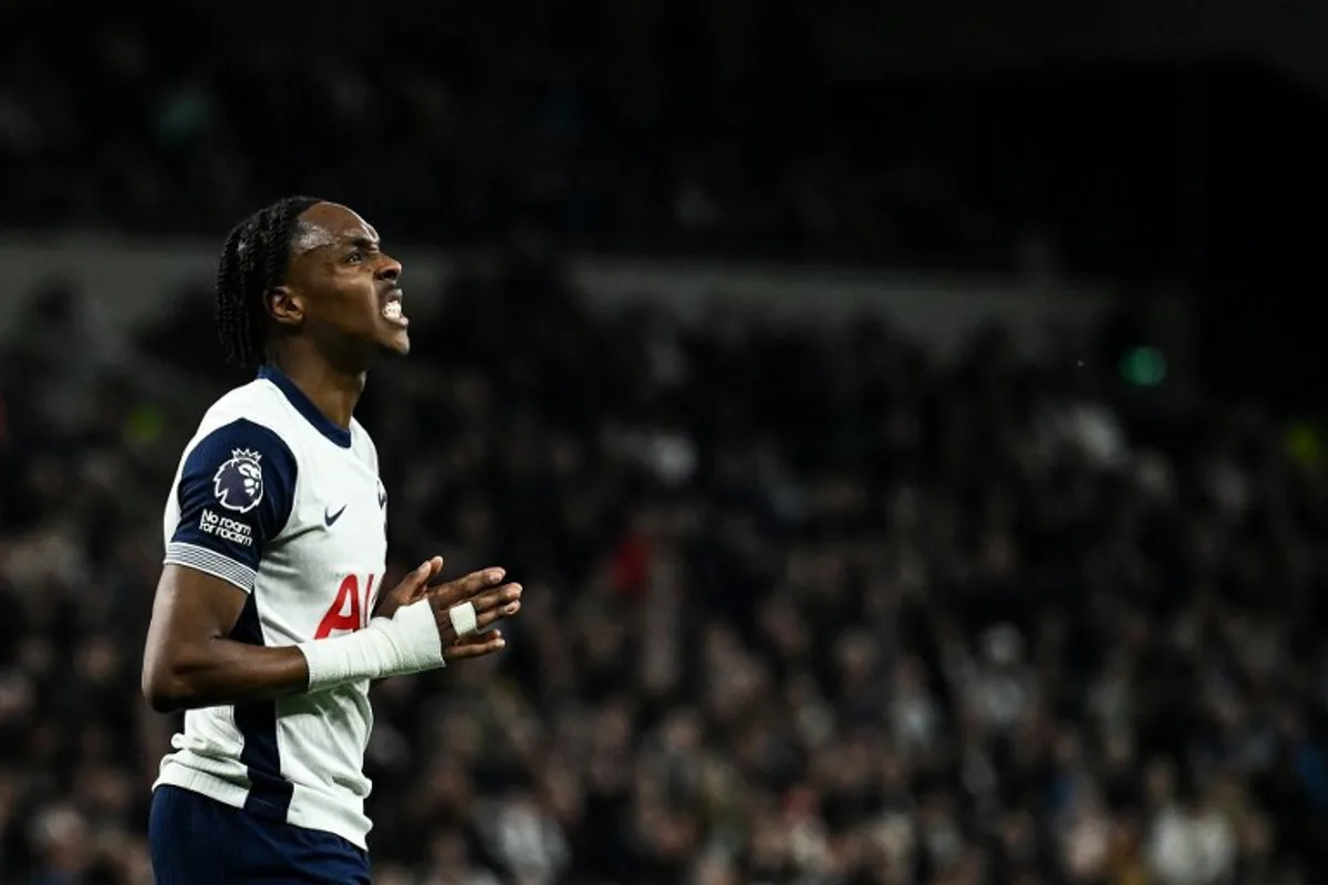 Tottenham Hotspur's French striker #11 Mathys Tel reacts after a missed chance during the English Premier League football match between Tottenham Hotspur and Nottingham Forest at the Tottenham Hotspur Stadium in London, on April 21, 2025. Ben STANSALL / AFP