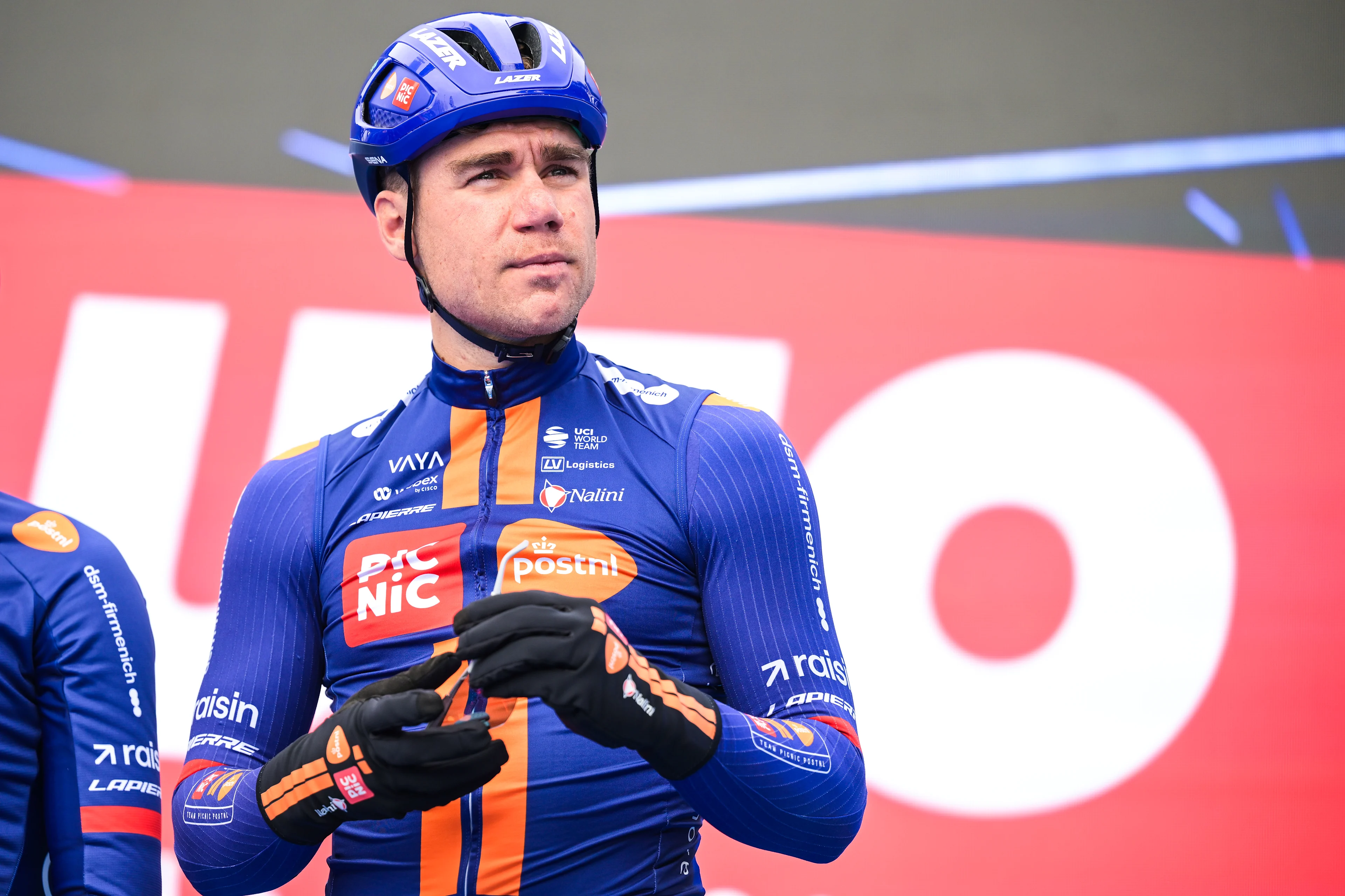 Fabio Jakobsen of Team Picnic PostNL pictured at the start of the 'E3 Saxo Bank Classic' one day cycling race, 208,8km from and to Harelbeke, on Friday 27 March 2026. BELGA PHOTO DAVID PINTENS