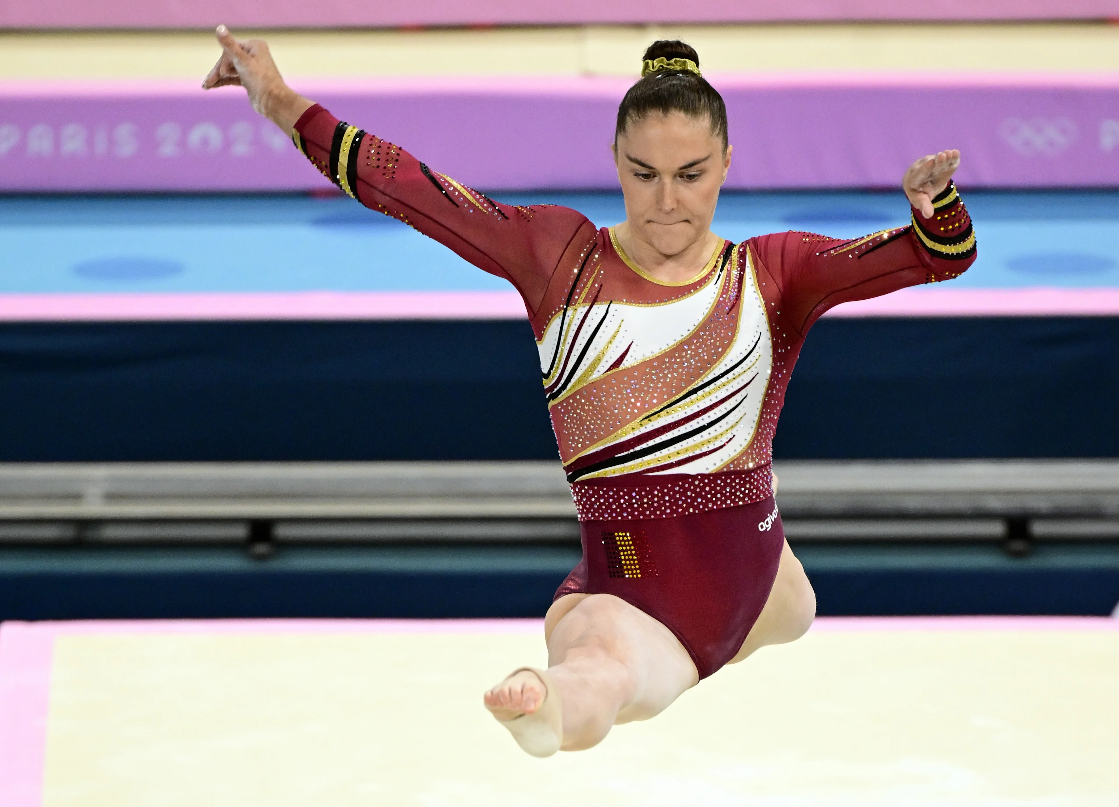 Belgian gymnast Maellyse Brassart pictured in action during the balance beam exercise at the qualification for the women's subdivision 5 gymnastics competition at the Paris 2024 Olympic Games, on Sunday 28 July 2024 in Paris, France. The Games of the XXXIII Olympiad are taking place in Paris from 26 July to 11 August. The Belgian delegation counts 165 athletes competing in 21 sports. BELGA PHOTO LAURIE DIEFFEMBACQ