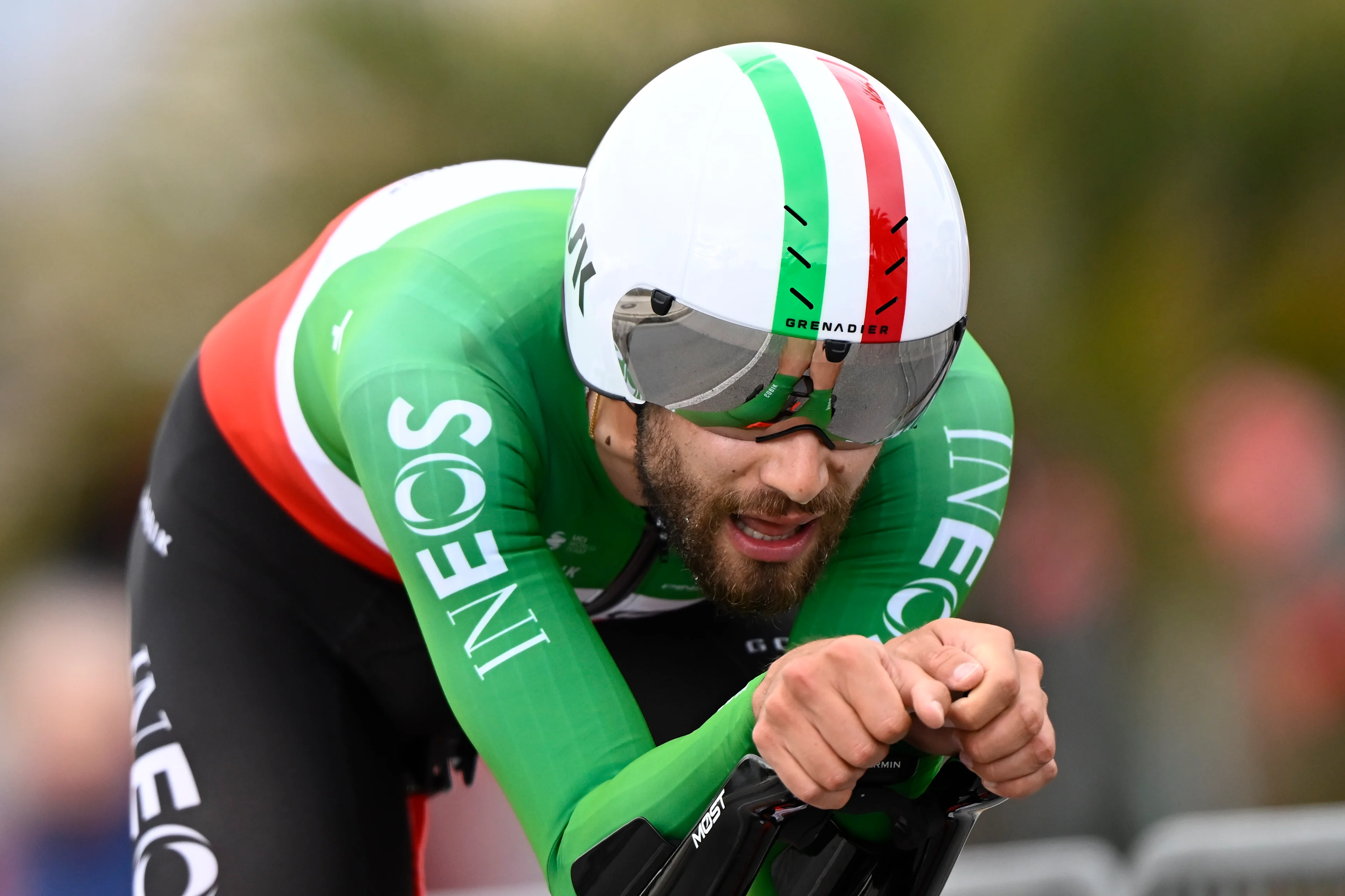 Italian Filippo Ganna of Ineos Grenadiers pictured in action during the first stage of the Tirreno-Adriatico cycling race, a 11,5km individual time trial in Lido di Camaiore, Italy, Monday 10 March 2025. BELGA PHOTO DIRK WAEM