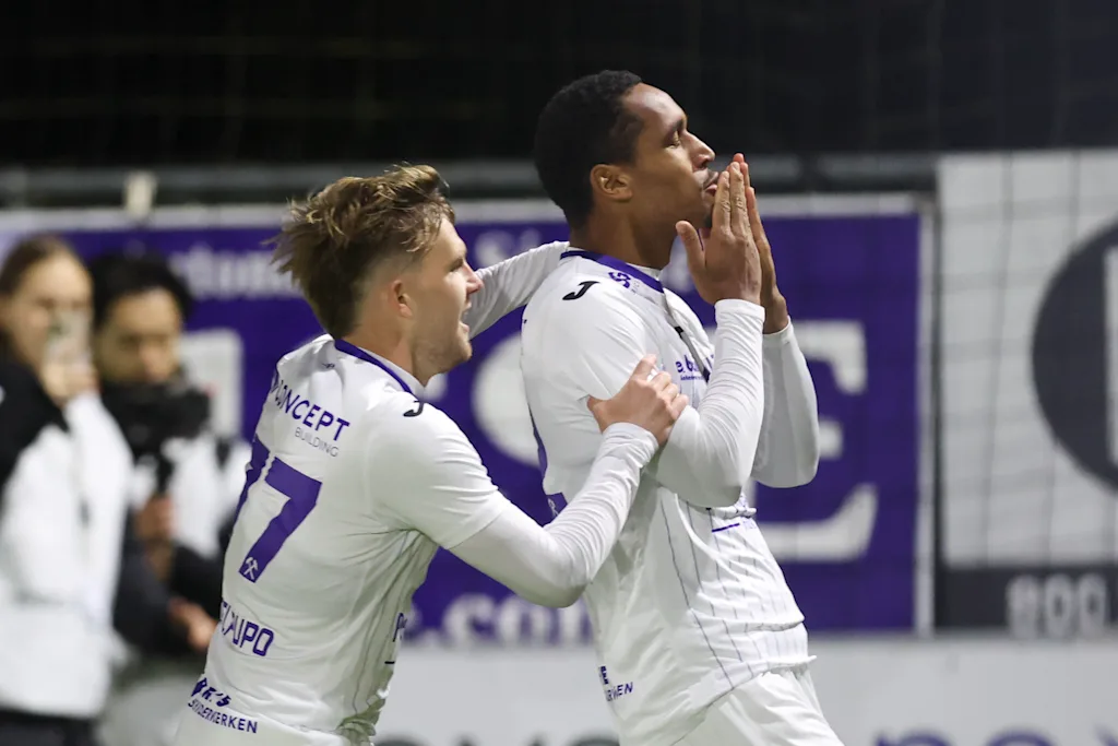 Patro Eisden's Haji Mnoga celebrates after scoring during a soccer match between RFC Liège and Patro Eisden Maasmechelen, on Sunday 25 October 2026 in Liege, on day 8 of the 2026-2027 'Challenger Pro League' second division of the Belgian championship. BELGA PHOTO BRUNO FAHY