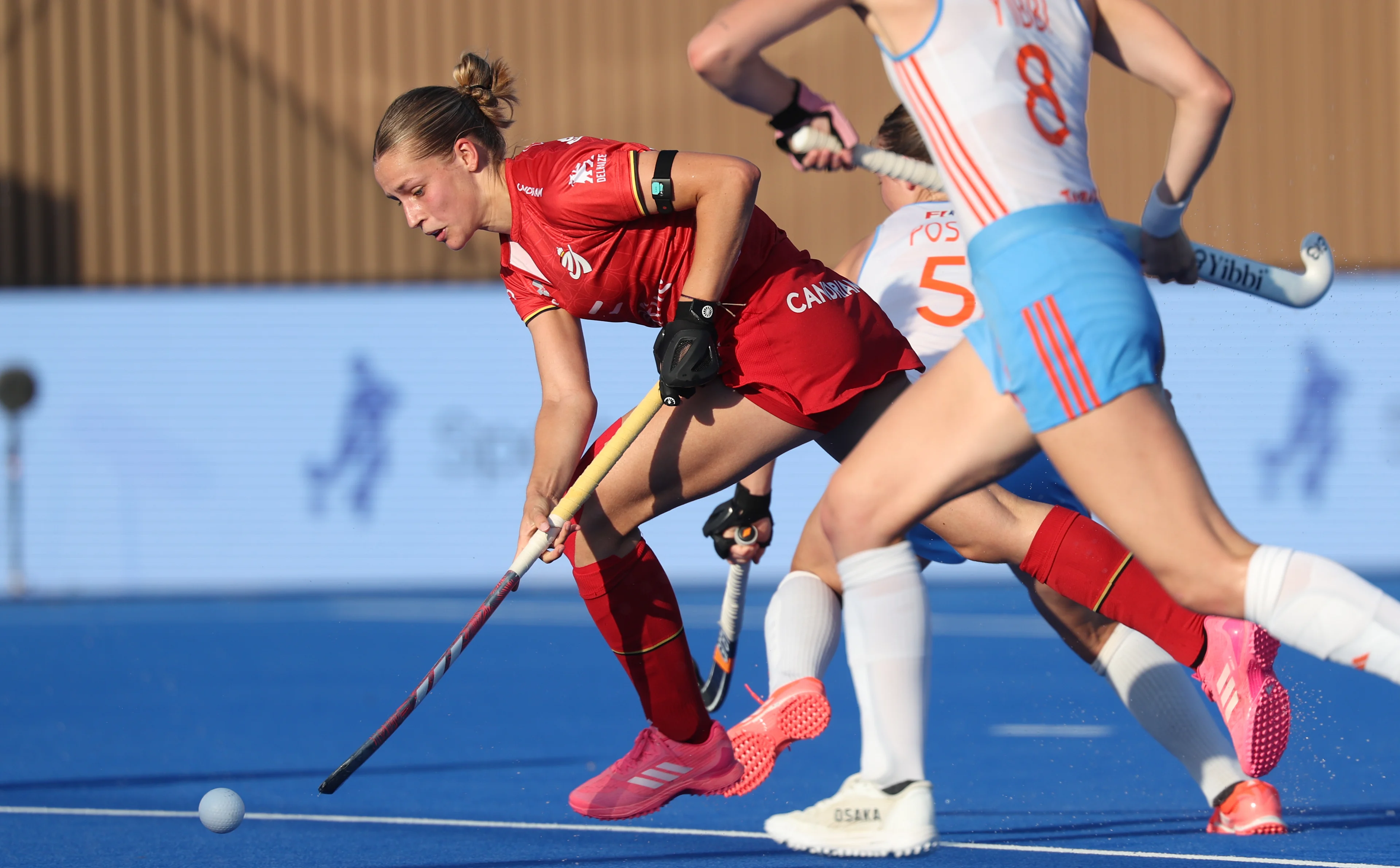 Belgium's Louise Dewaet fights for the ball during a hockey game between Belgian national team Red Panthers and Netherlands, Thursday 25 June 2026 in Wavre, match 14/16 in the group stage of the women's FIH Pro League competition. BELGA PHOTO VIRGINIE LEFOUR